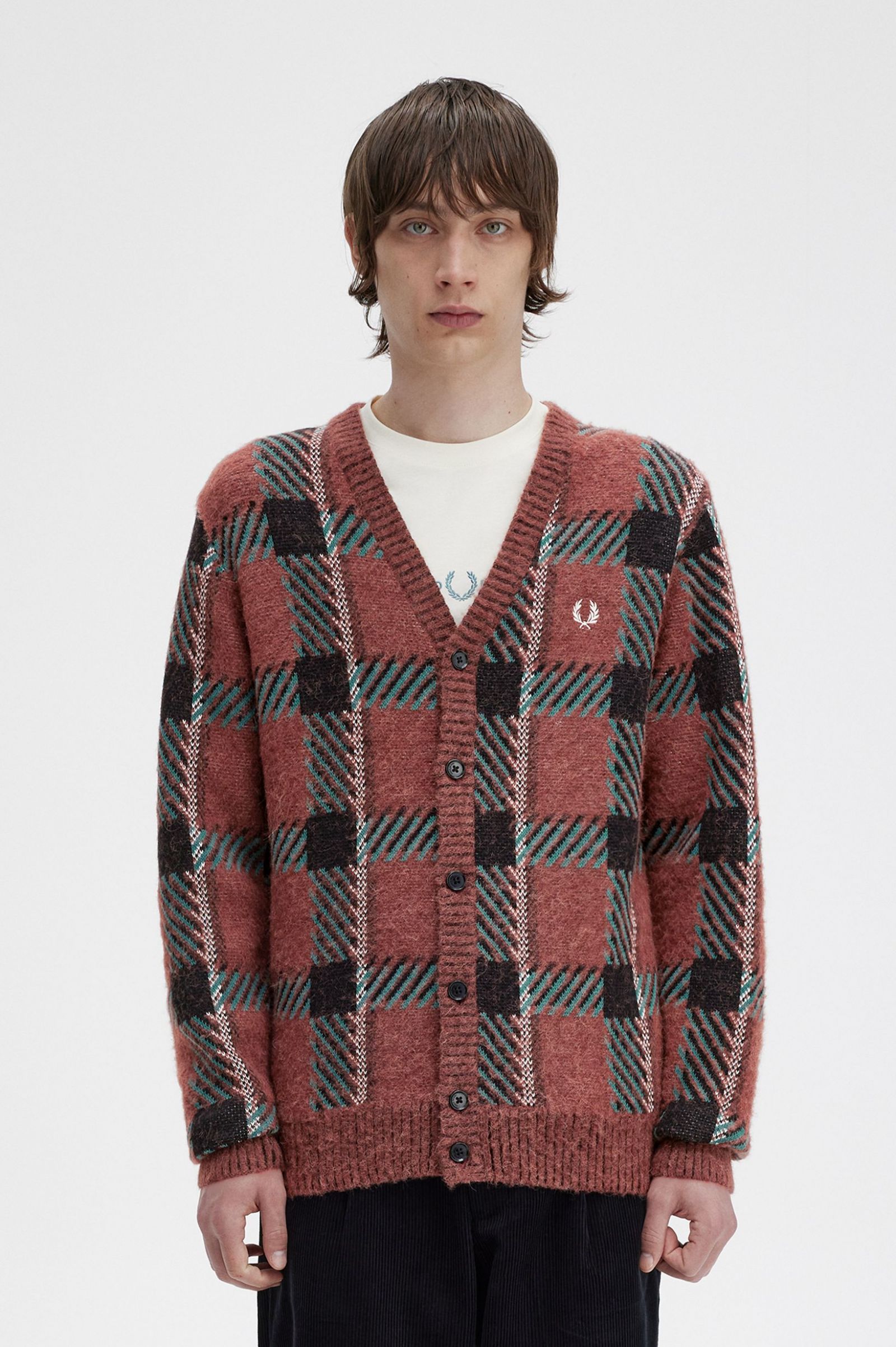 Glitch Tartan Cardigan Whisky Brown