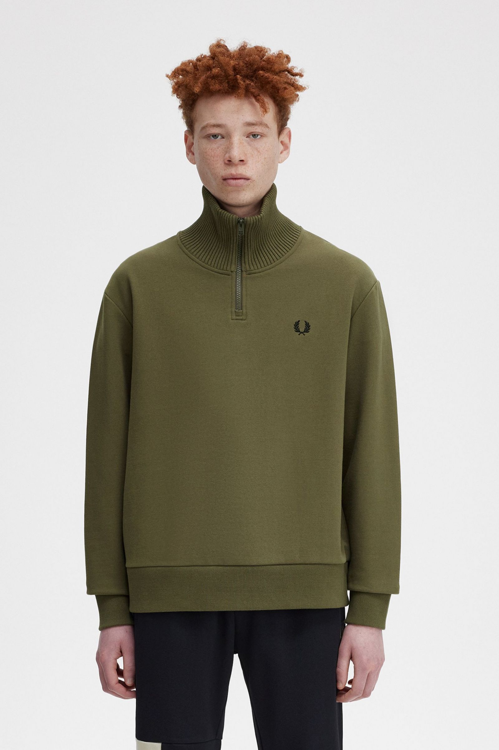 Knitted Trim Zip Neck Sweatshirt Uniform Green