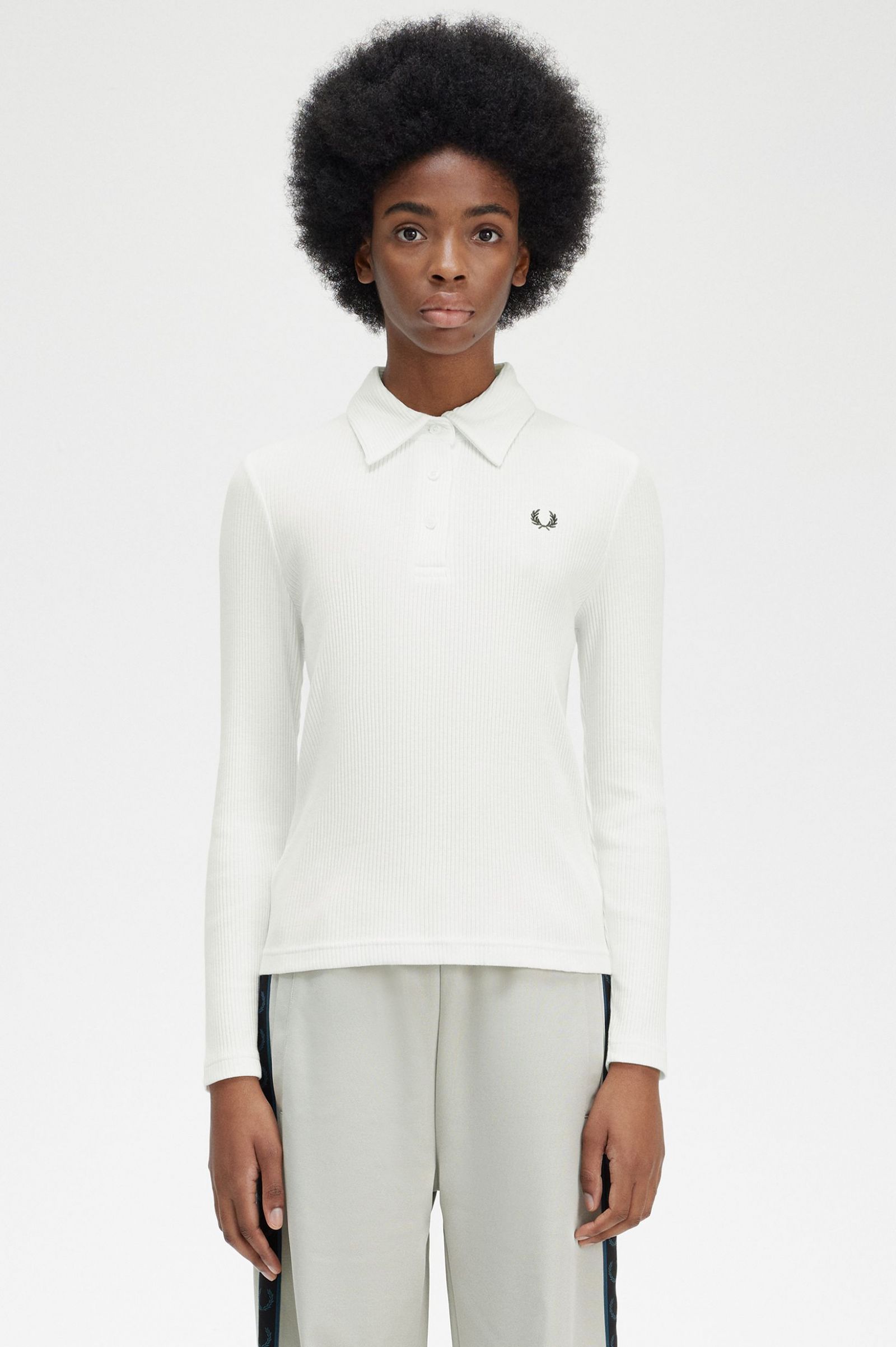 Long Sleeve Ribbed Polo Shirt Snow White