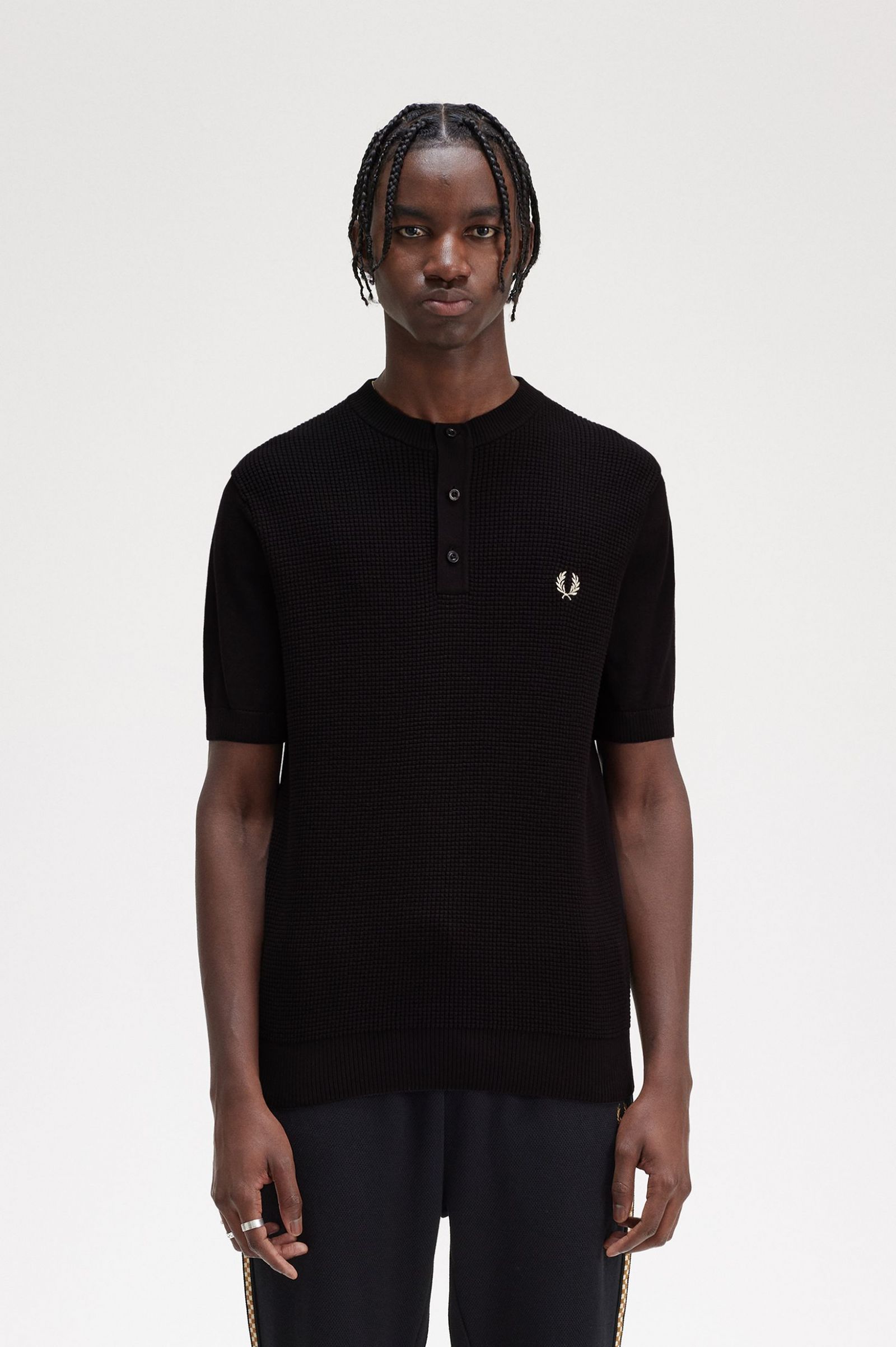 Waffle Stitch Henley Shirt Black