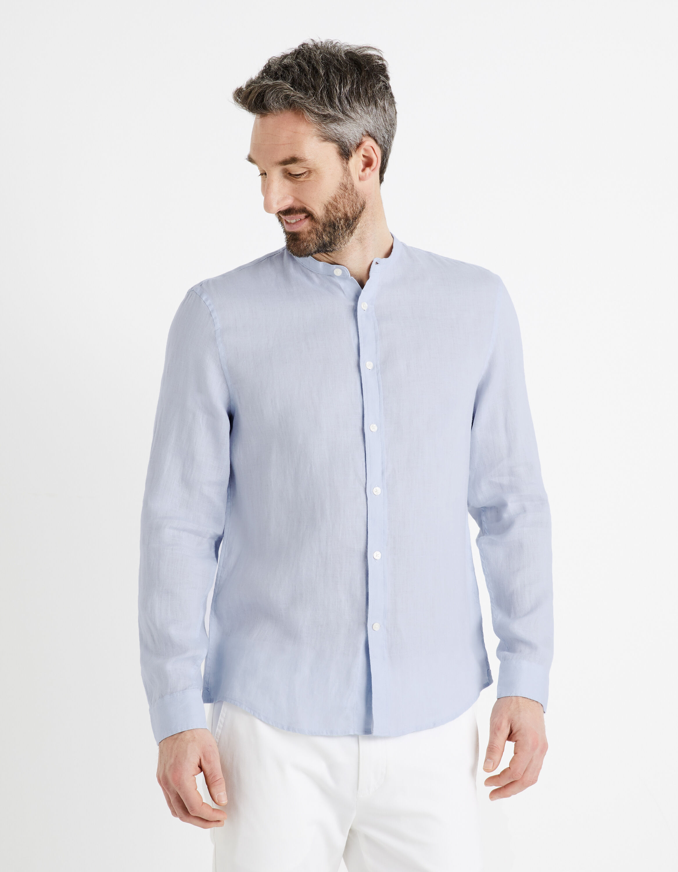 Chemise regular col mao 100% lin - bleu clair