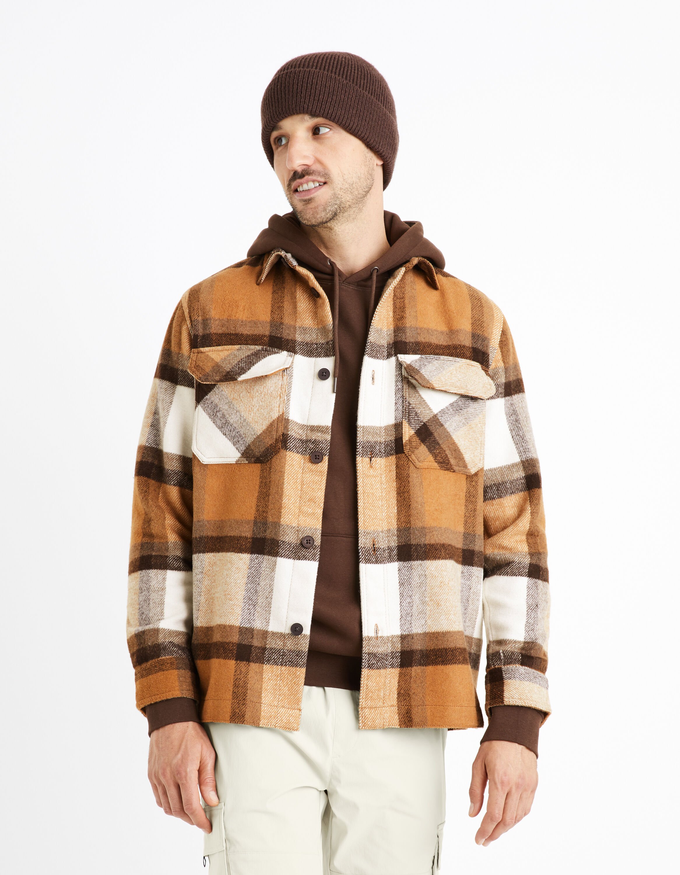 Surchemise oversize &agrave; carreaux - beige