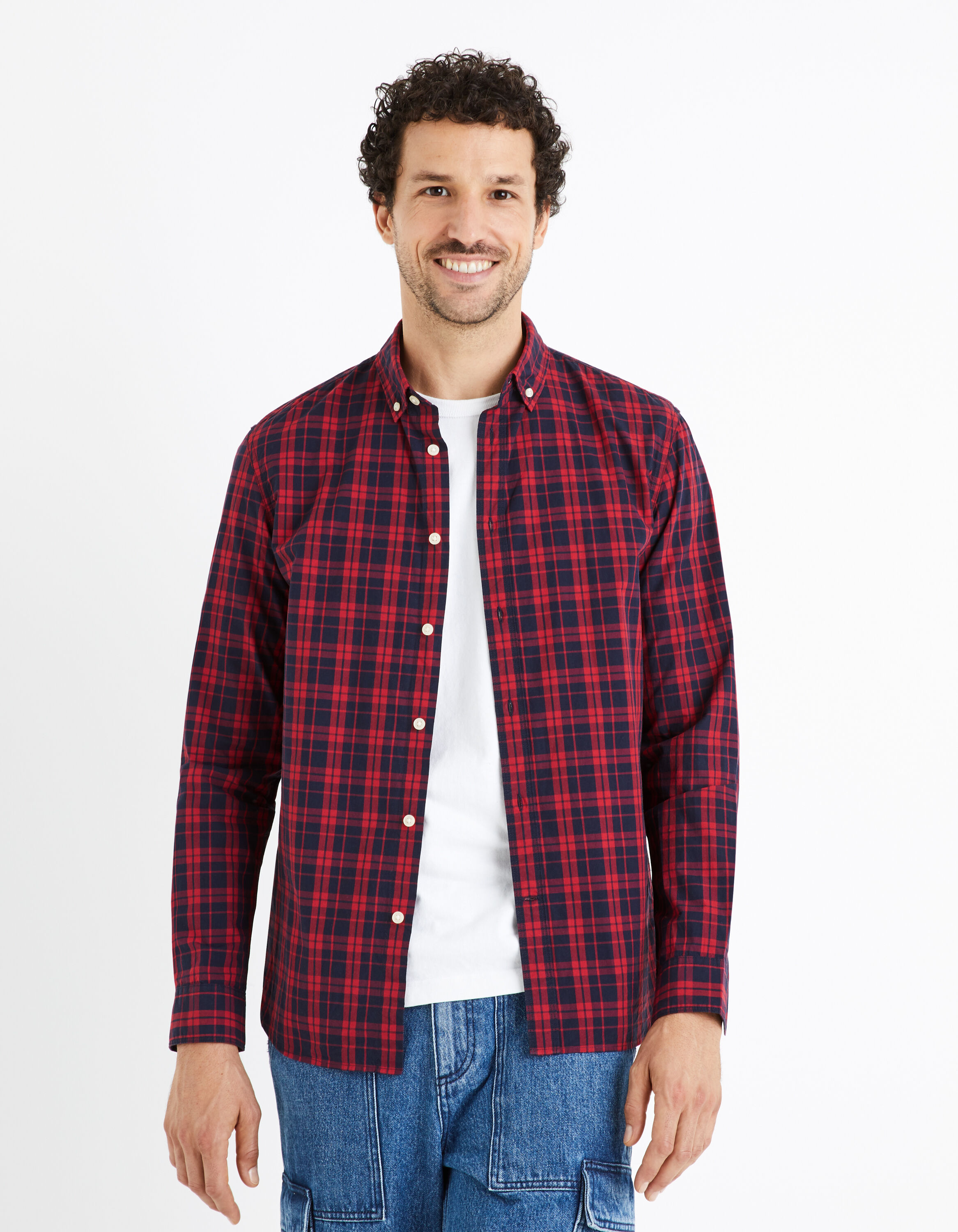 Chemise regular popeline 100% coton &agrave; carreaux - rouge