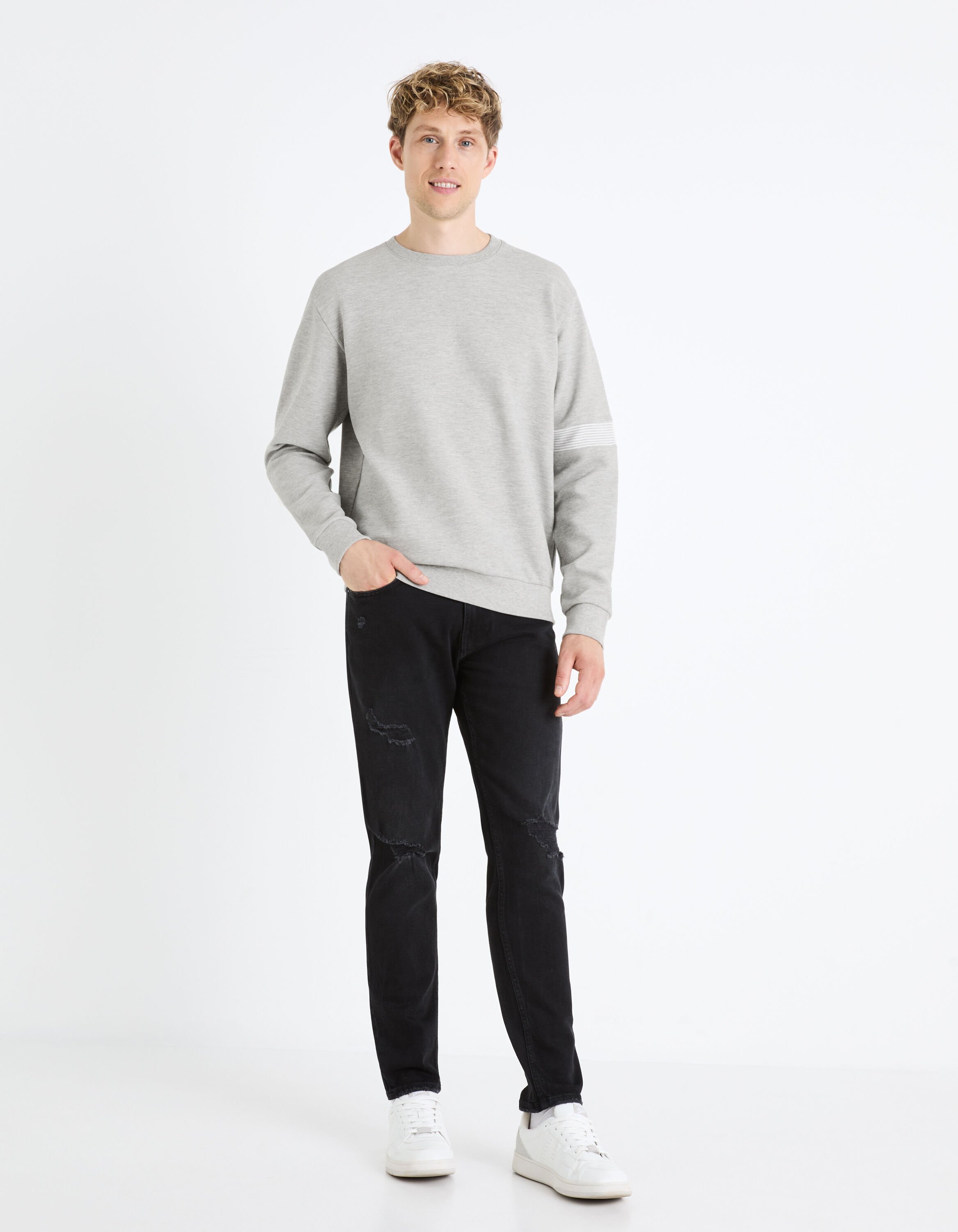 Sweat col rond coton m&eacute;lang&eacute; - gris chine