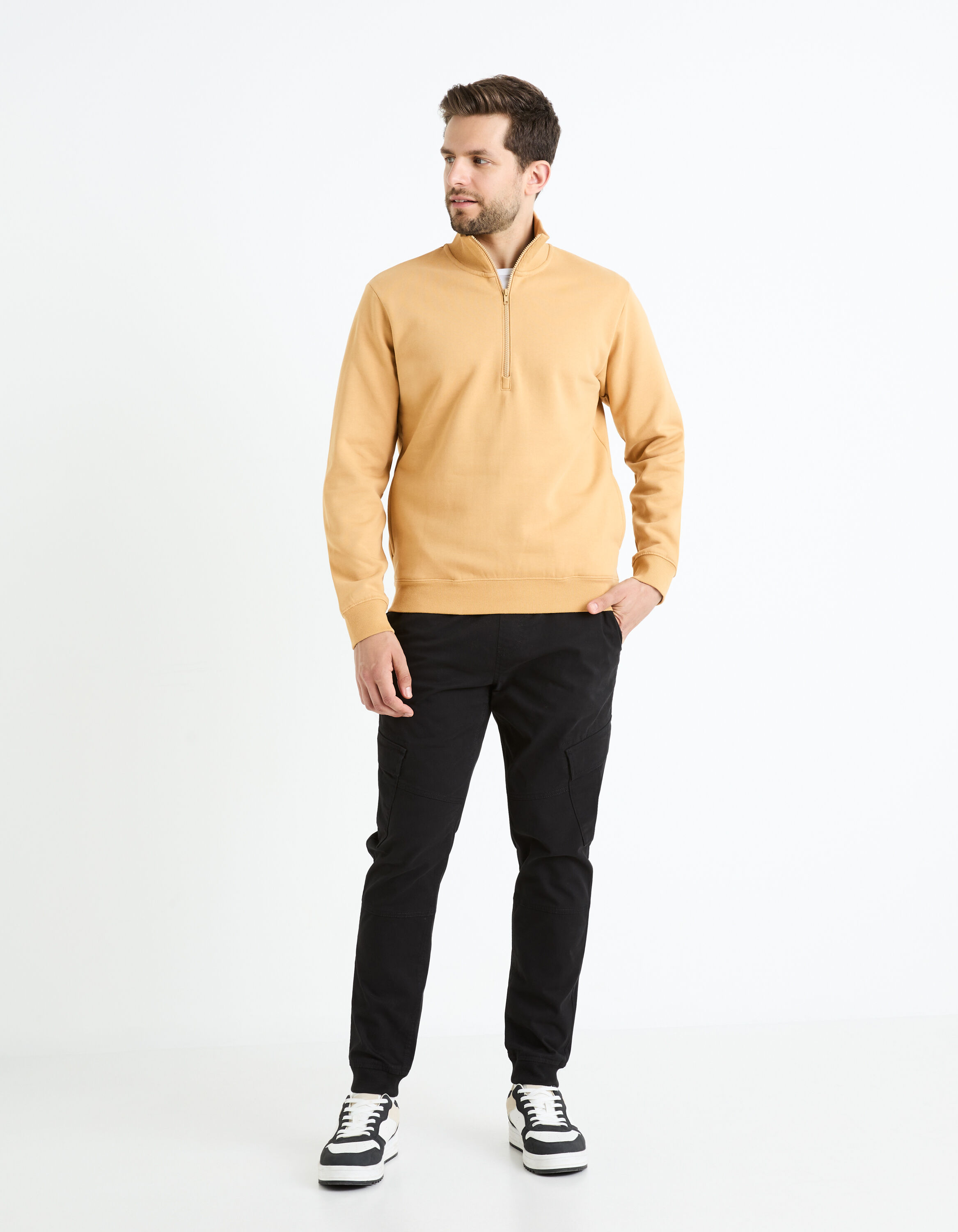 Sweat col zipp&eacute; coton m&eacute;lang&eacute; - beige