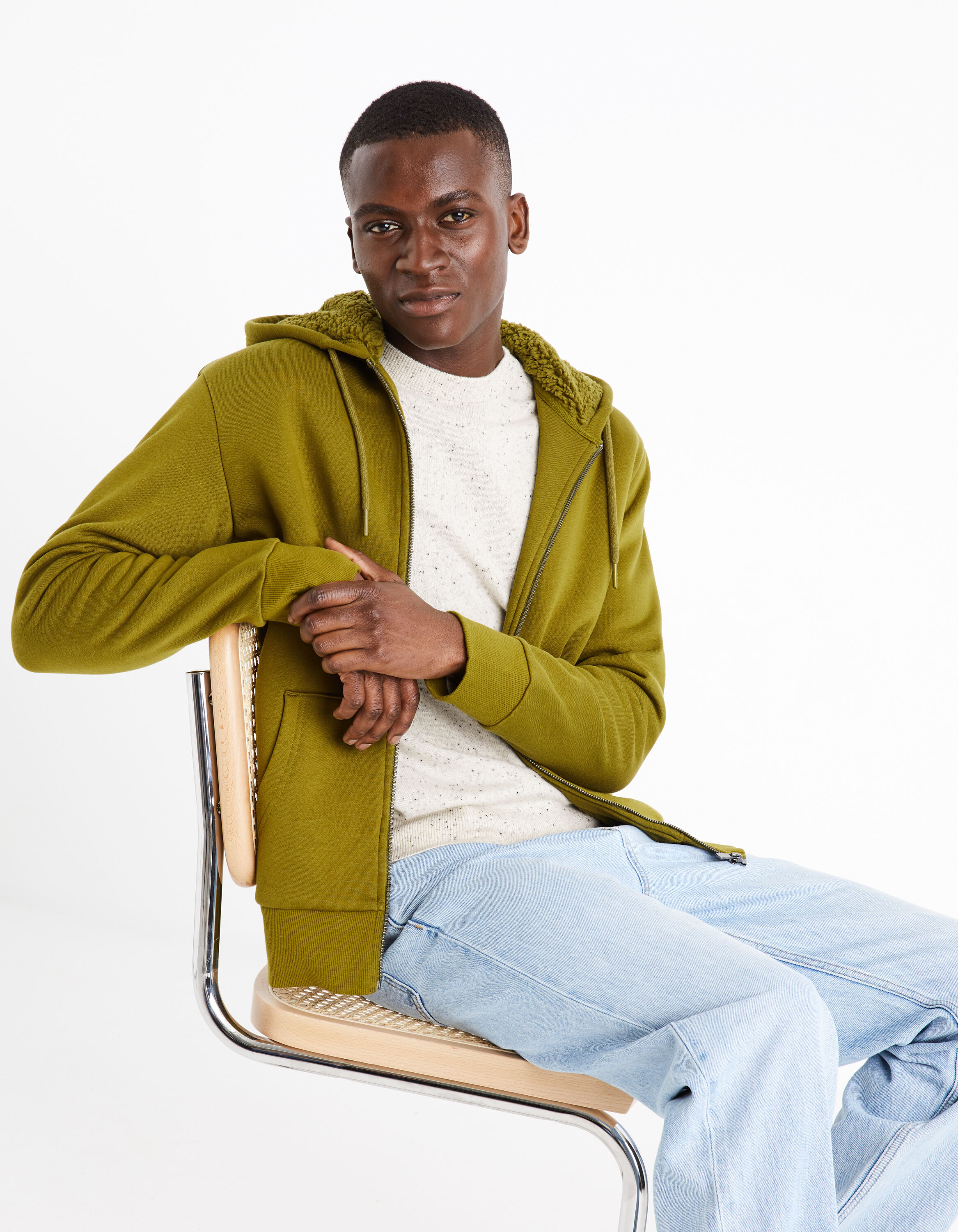 Sweat zipp&eacute; &agrave; capuche sherpa coton m&eacute;lang&eacute; - marron