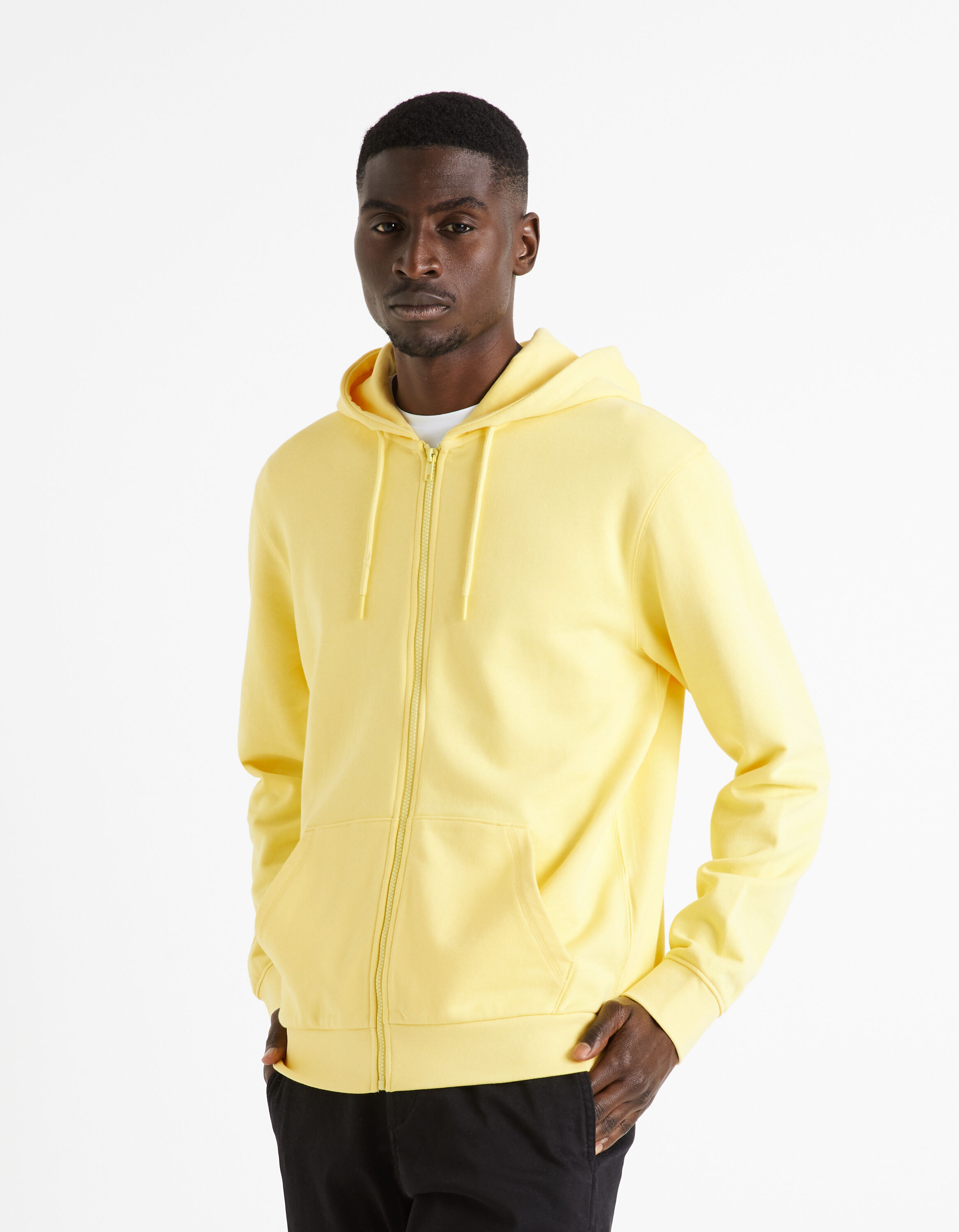 Sweat zipp&eacute; &agrave; capuche 100% coton - jaune
