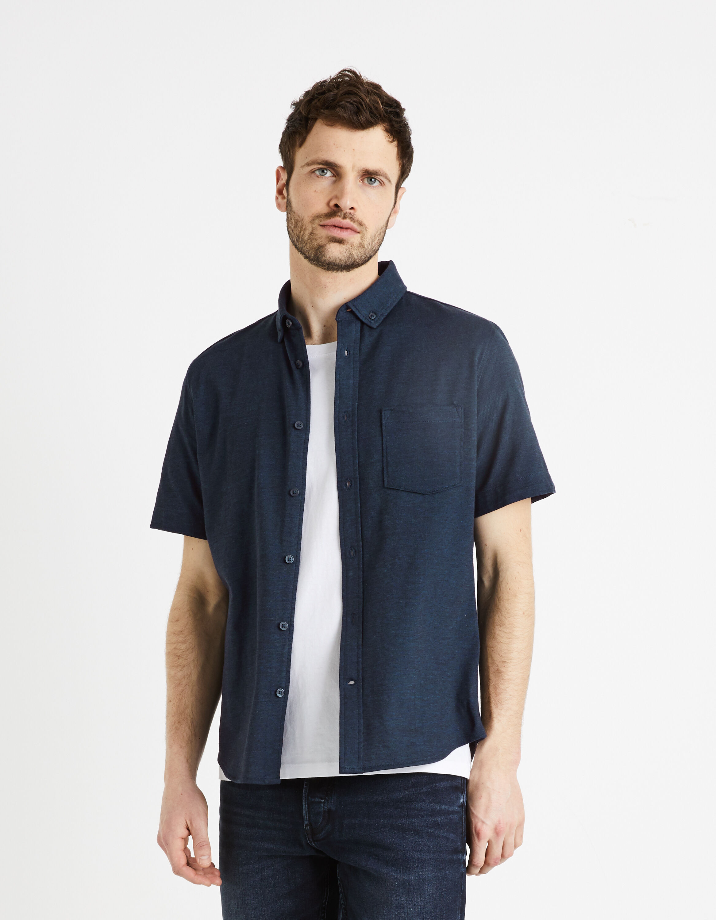 Chemise regular 100% coton maille piqu&eacute;e - marine