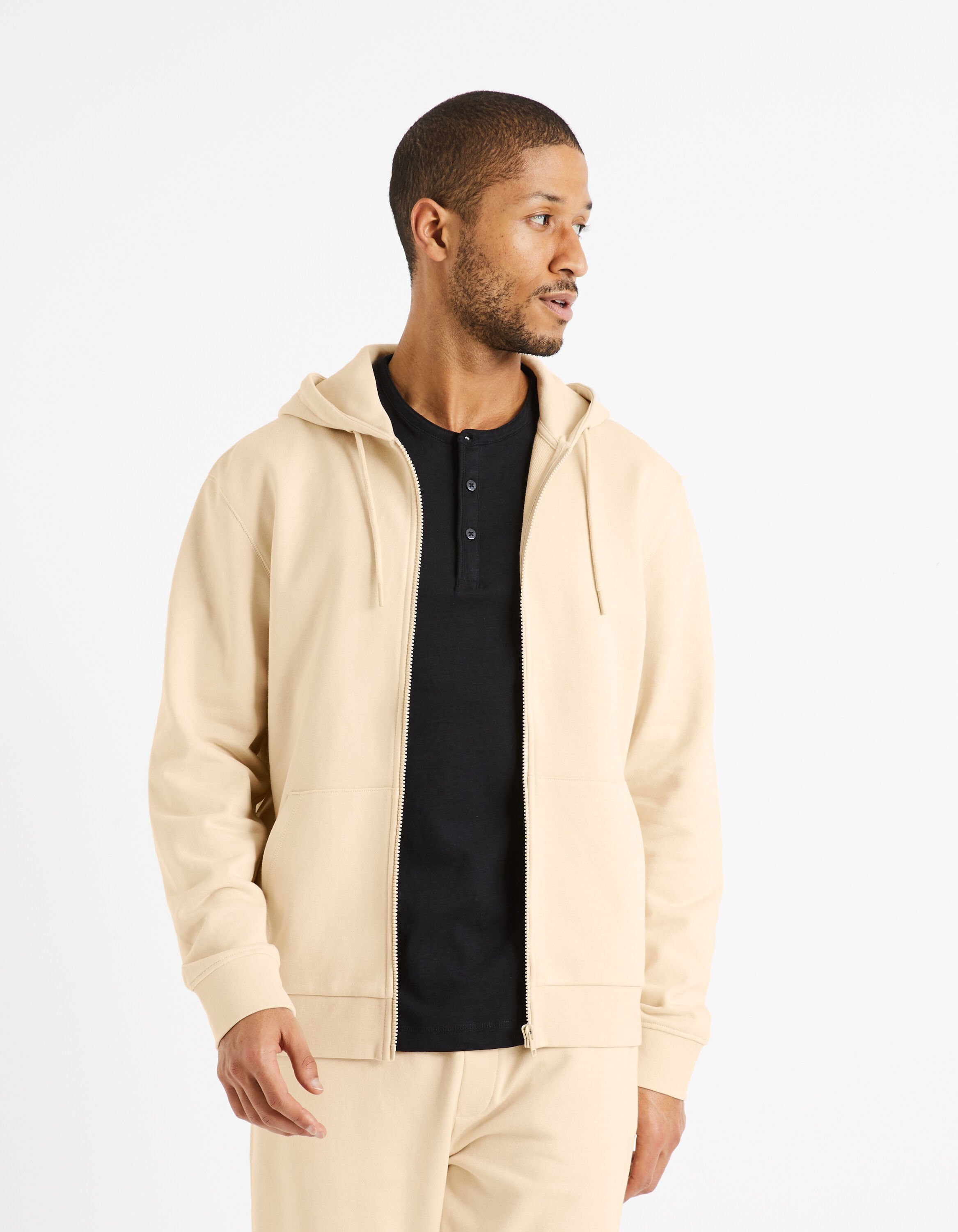 Sweat zipp&eacute; &agrave; capuche 100% coton - beige