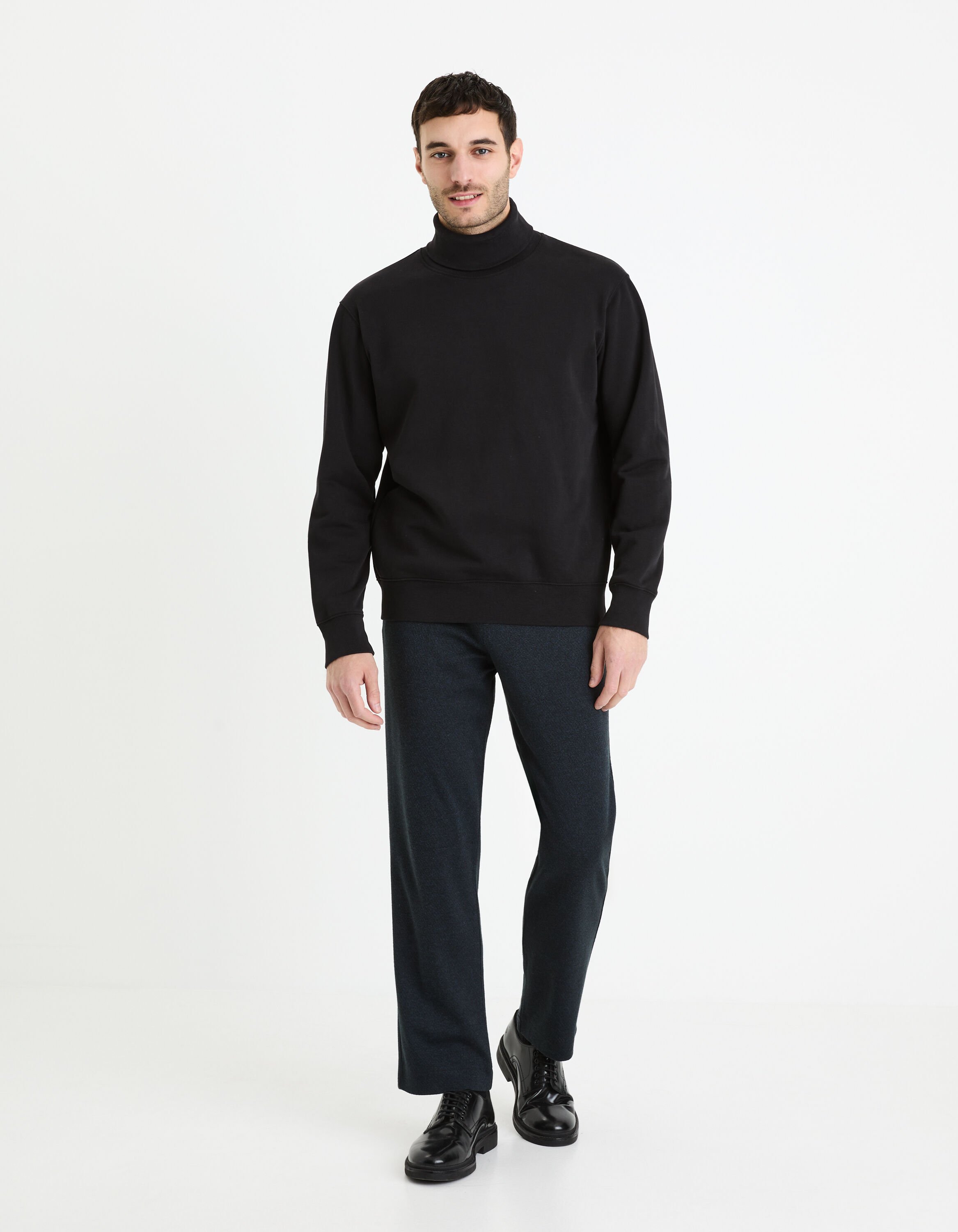 Sweat col roul&eacute; coton m&eacute;lang&eacute; - noir