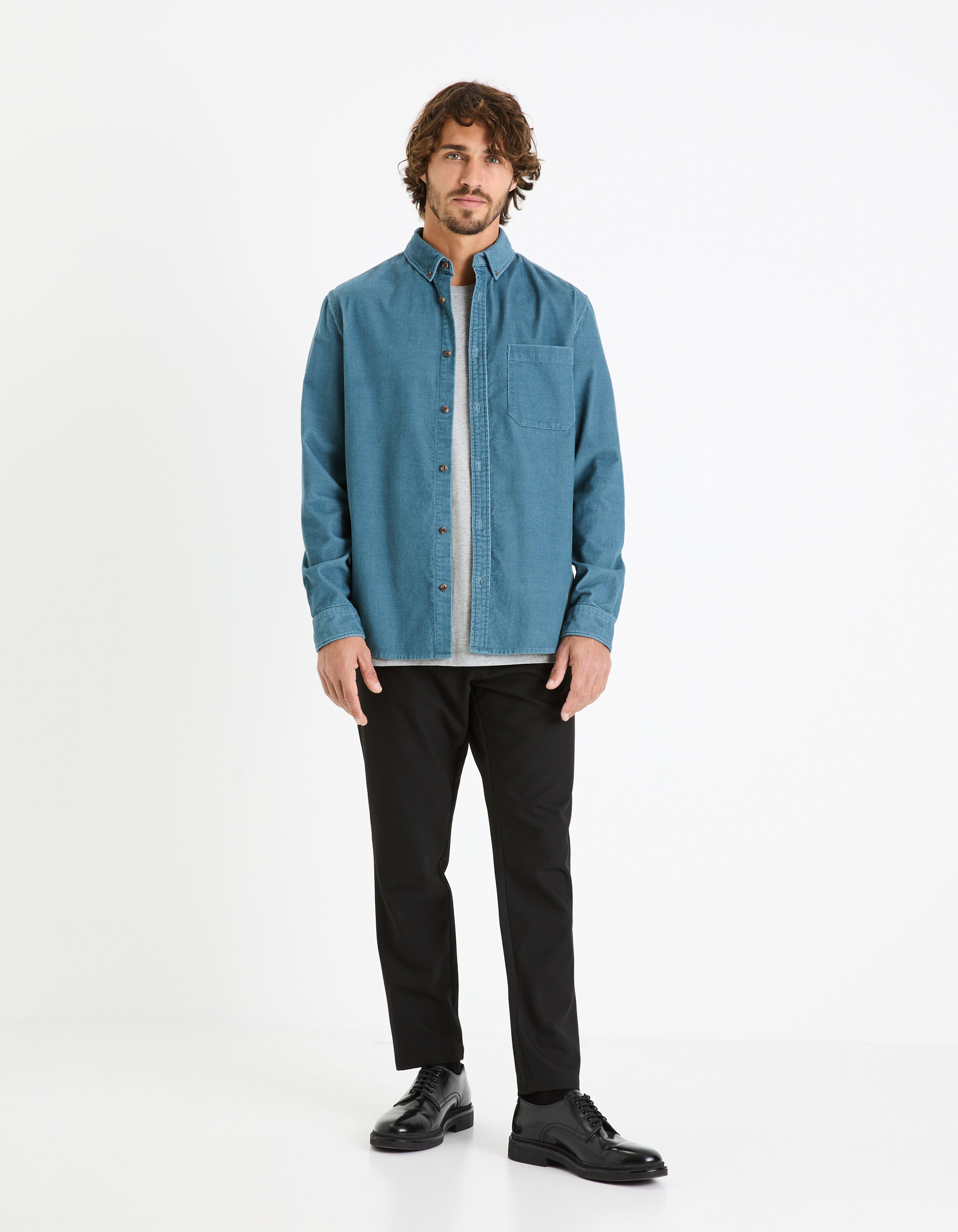 Chemise regular 100% coton velours - bleu