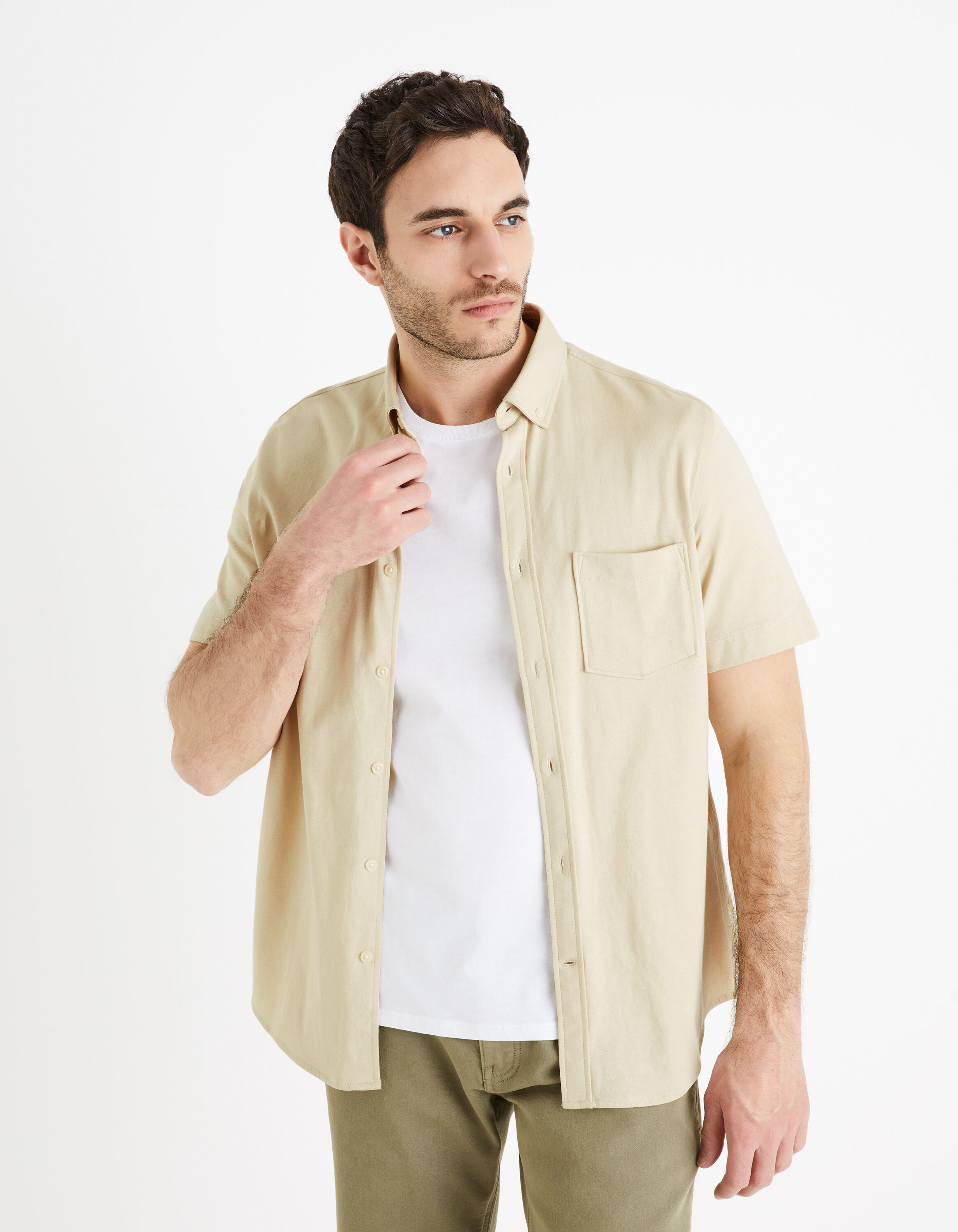 Chemise regular 100% coton maille piqu&eacute;e - beige