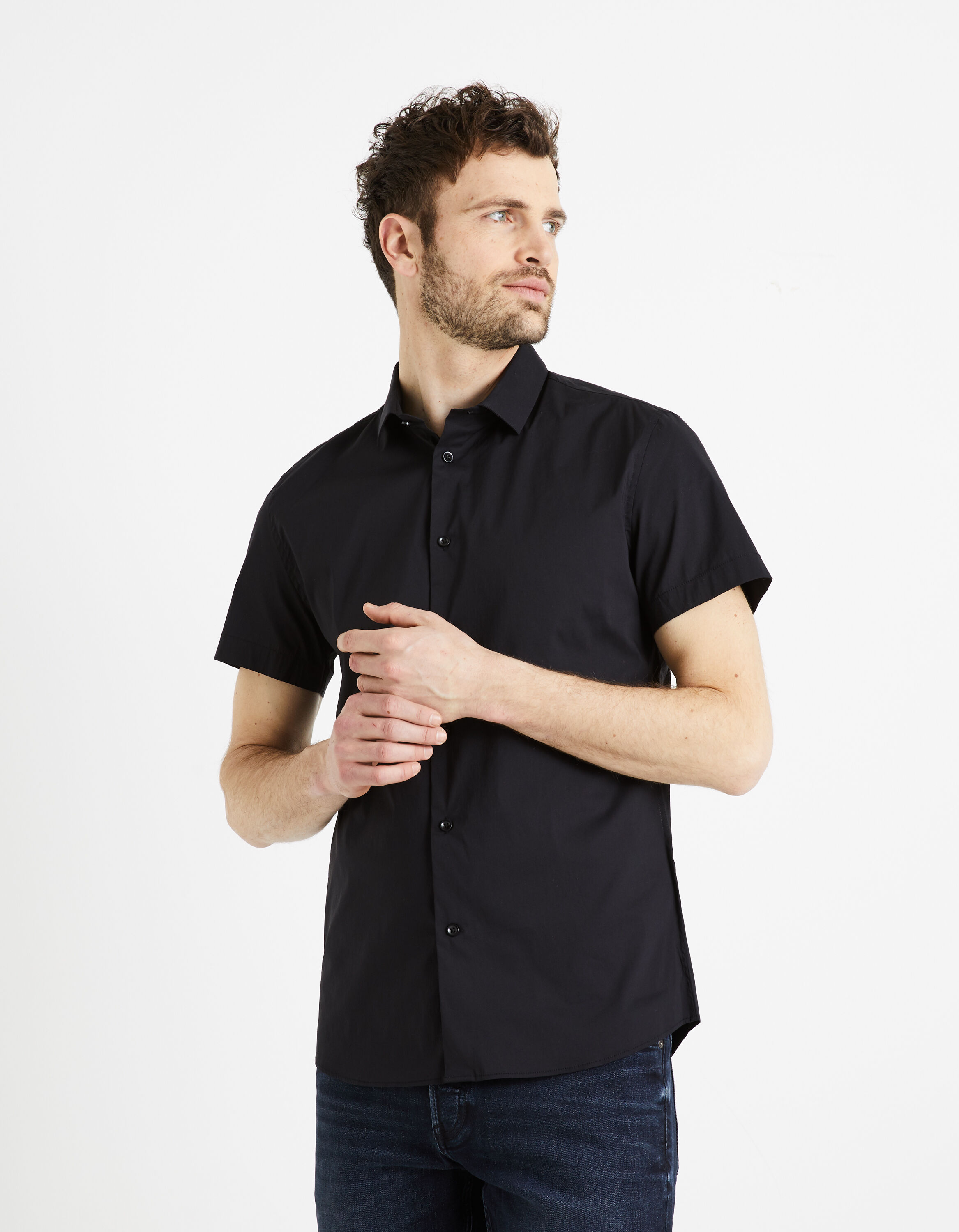 Chemise slim coton m&eacute;lang&eacute; - noir