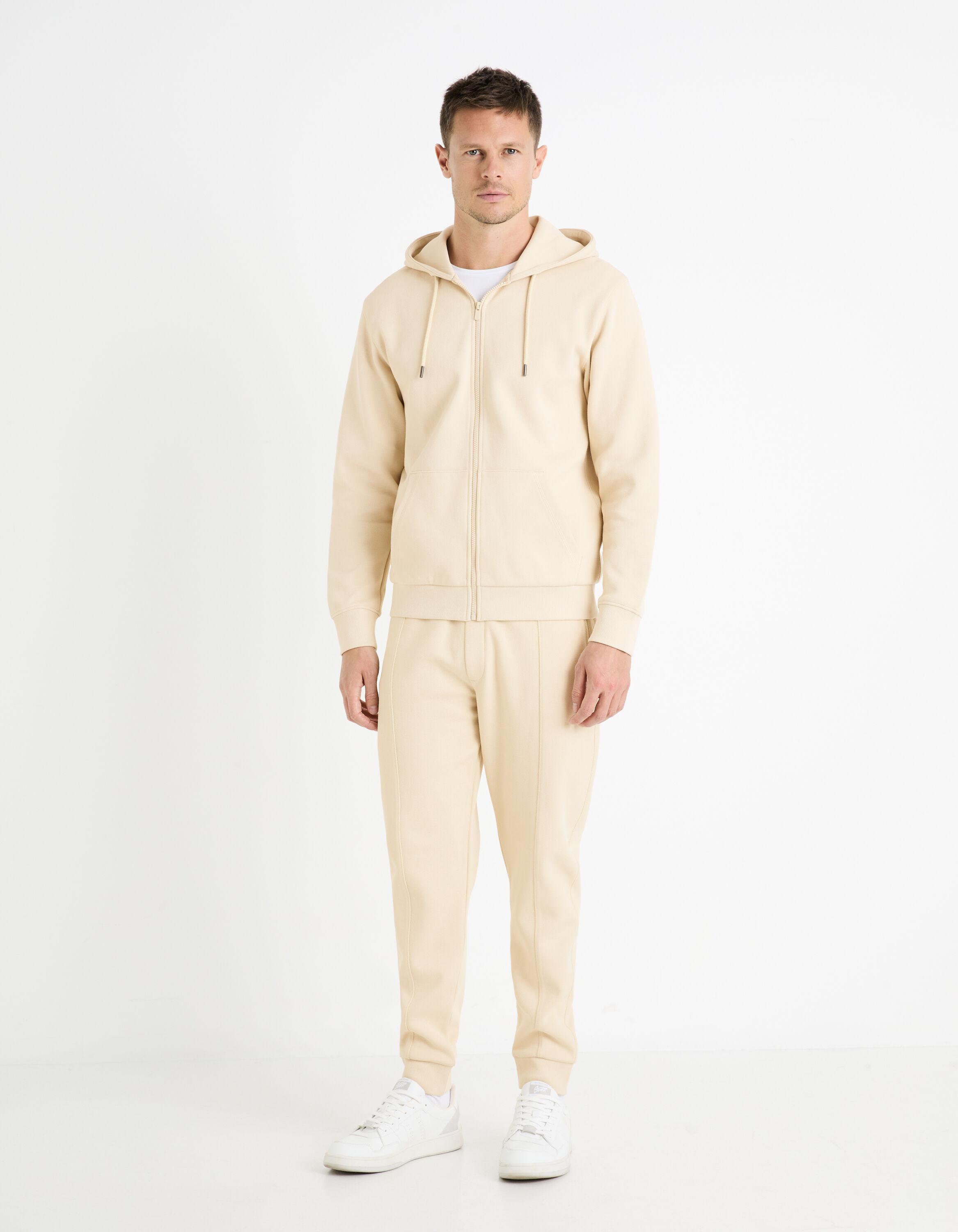 Sweat piqu&eacute; zipp&eacute; coton m&eacute;lang&eacute; - beige