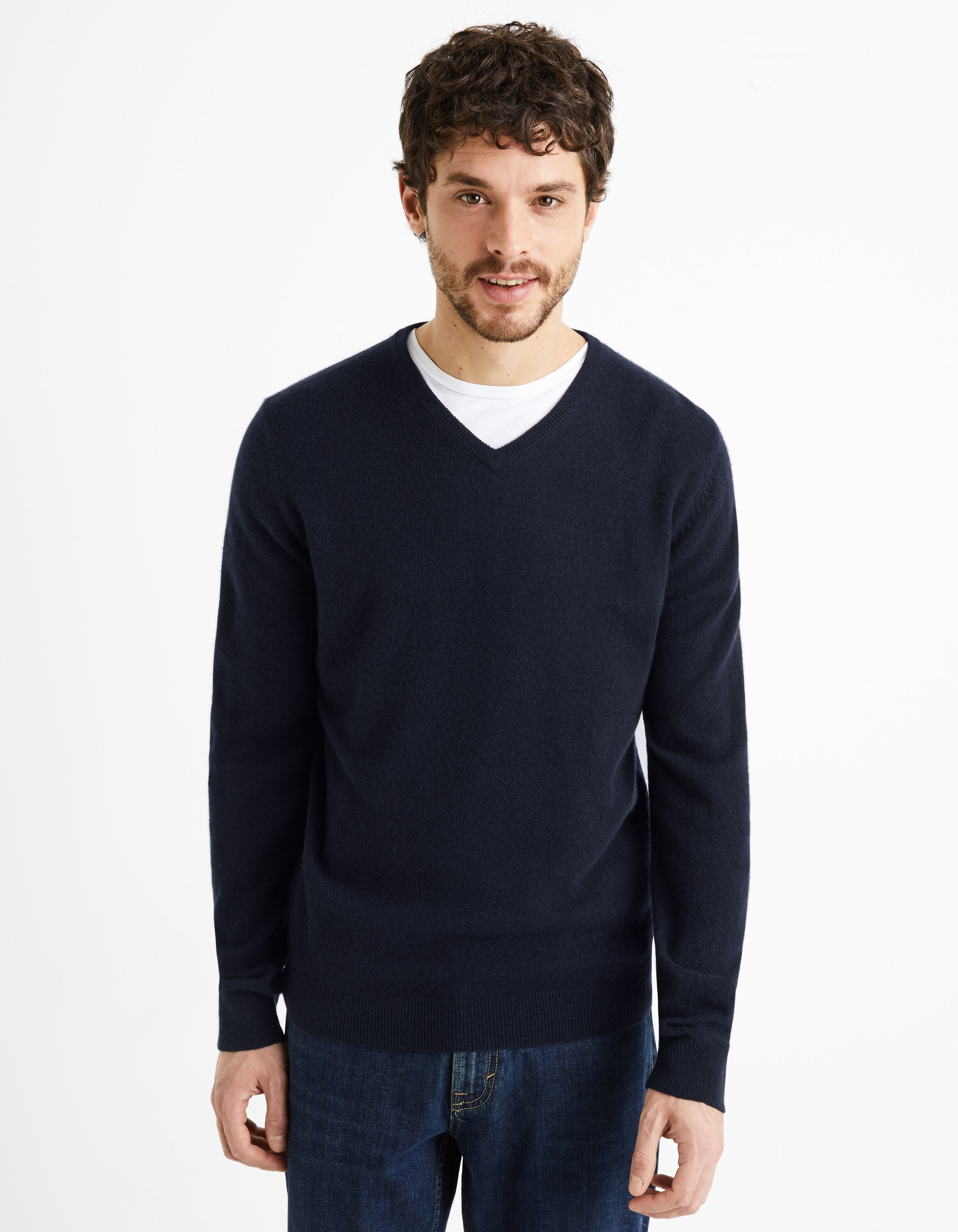 Pull col v 100% cachemire - encre fonc&eacute;e