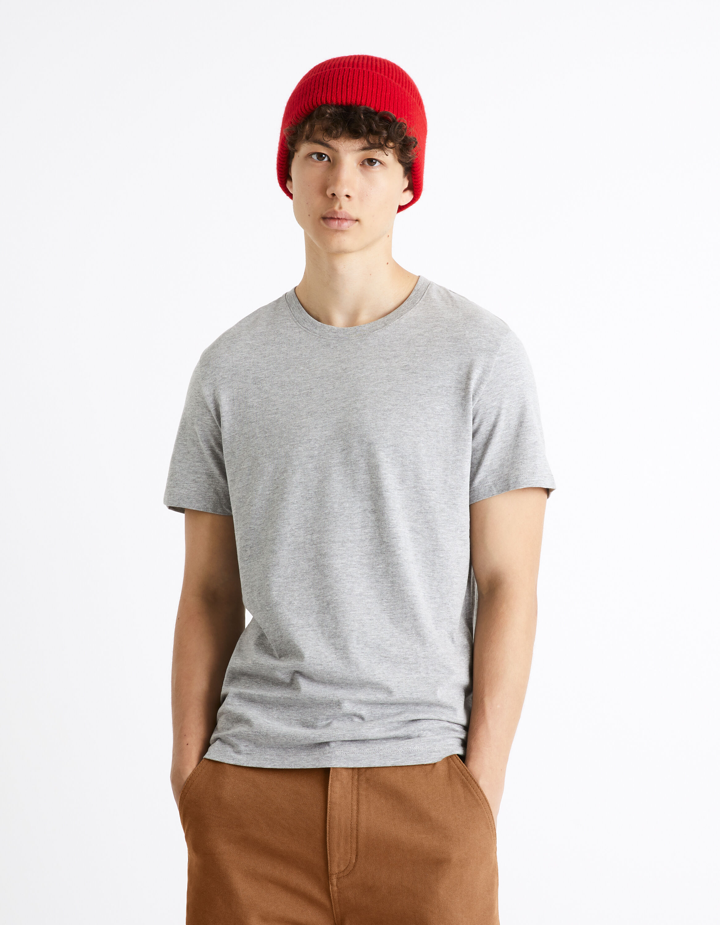 T-shirt col rond en coton m&eacute;lang&eacute; - gris chin&eacute;