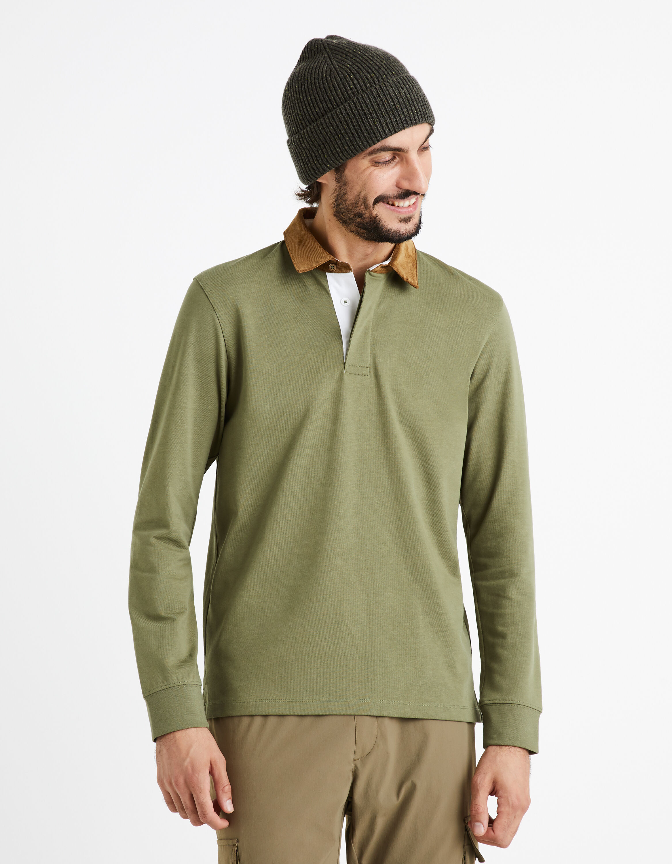 Polo 100% coton avec col en velours - kaki