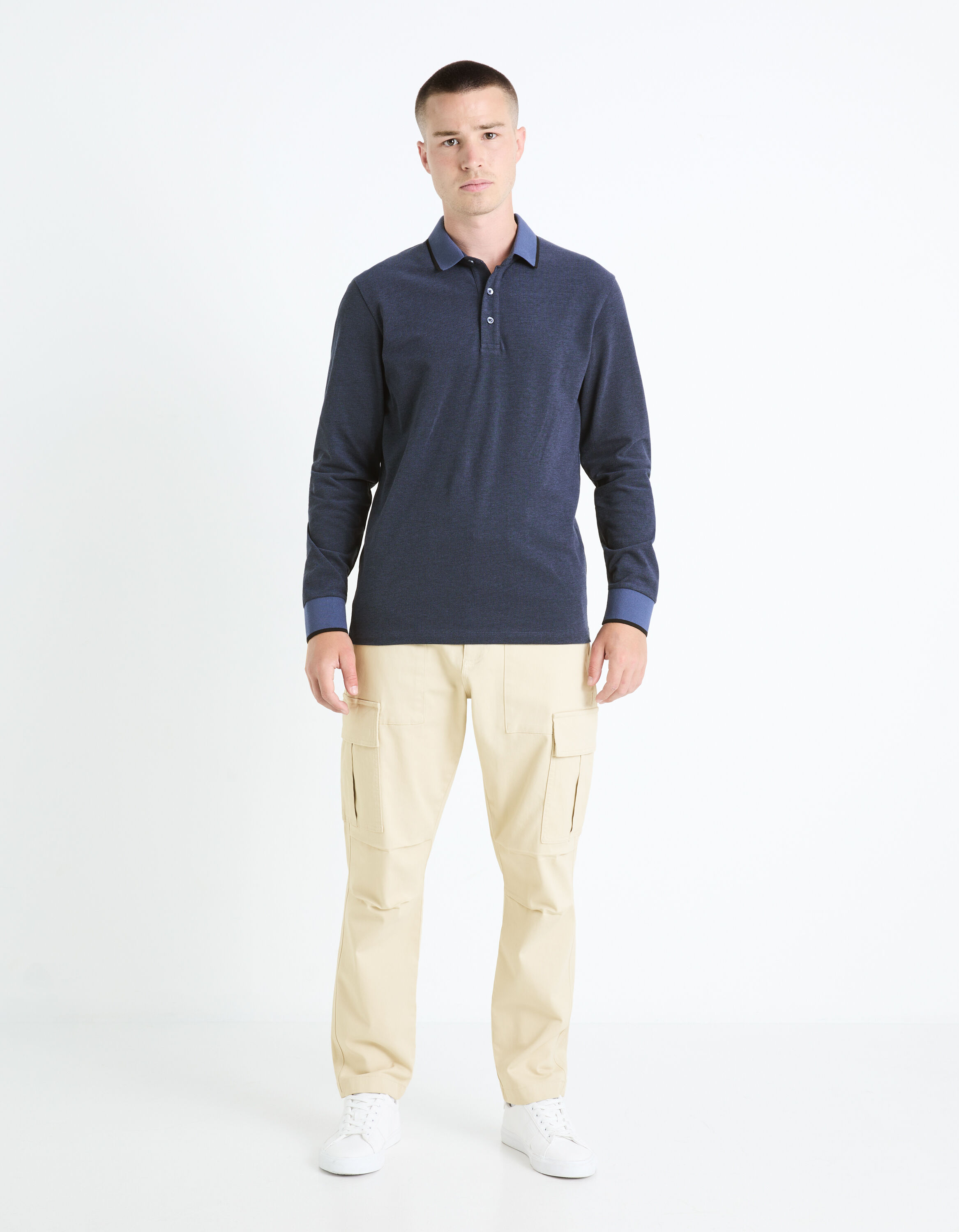 Polo manches longues 100% coton - bleu indigo