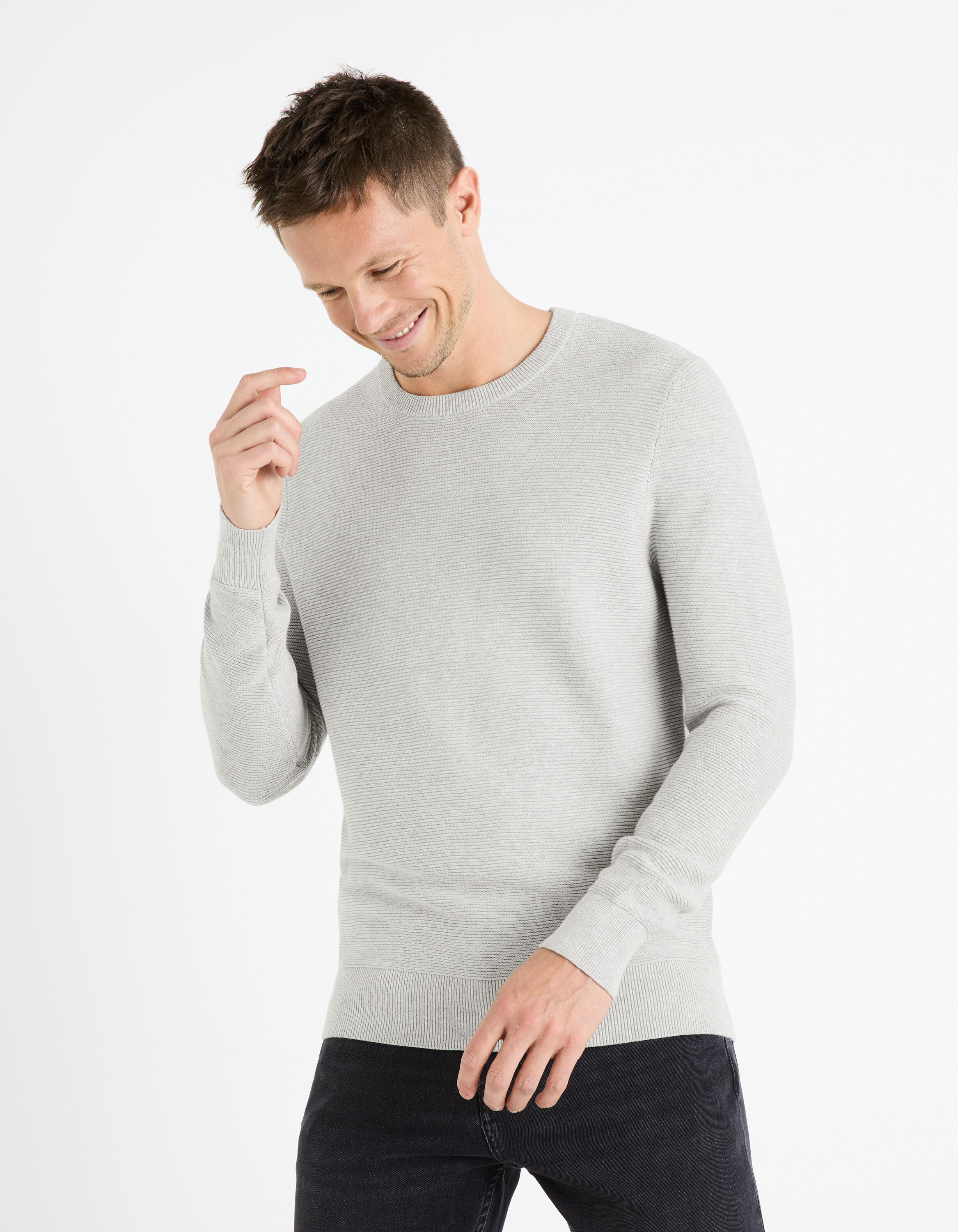 Pull col rond 100% coton - gris chine