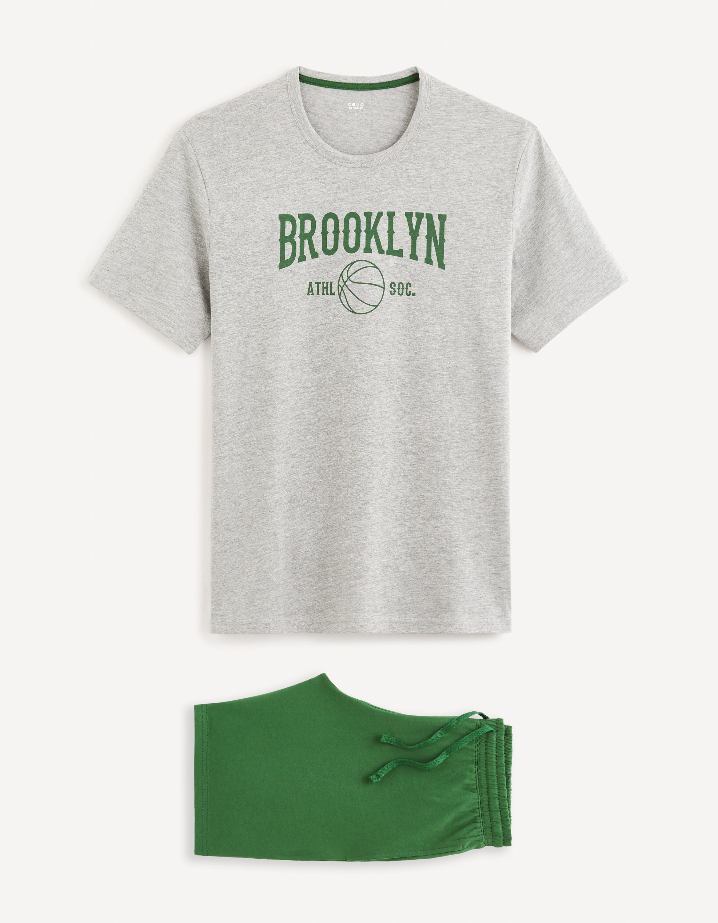 Pyjama coton m&eacute;lang&eacute; - gris et vert