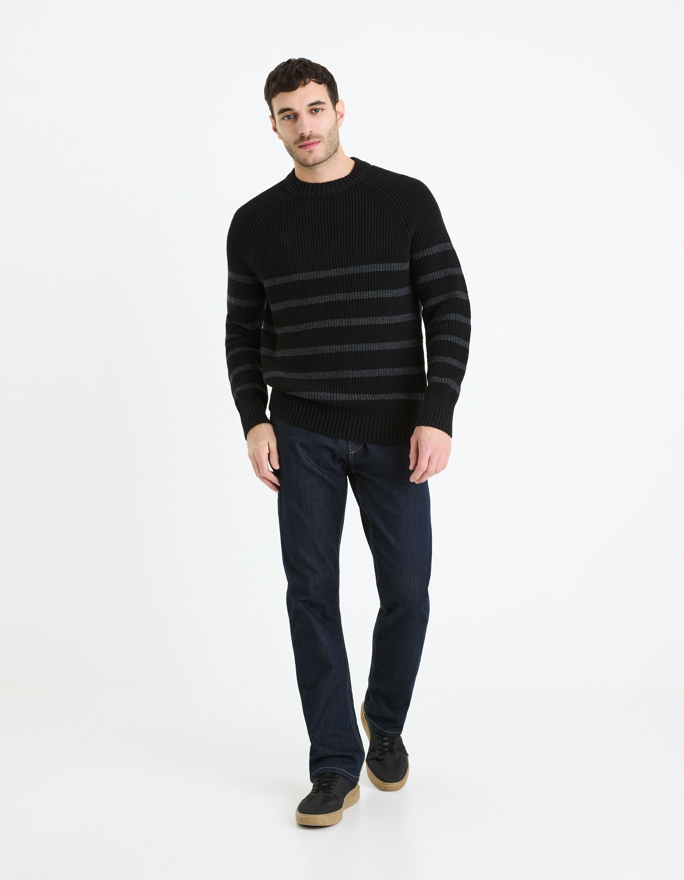 Pull col rond coton m&eacute;lang&eacute; - noir