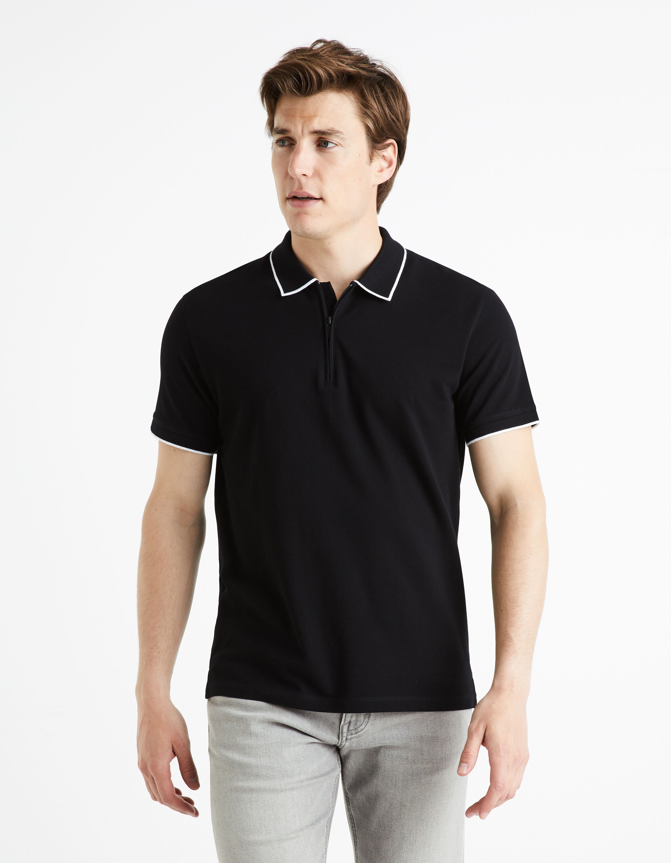 Polo 100% coton &agrave; col zipp&eacute; - noir