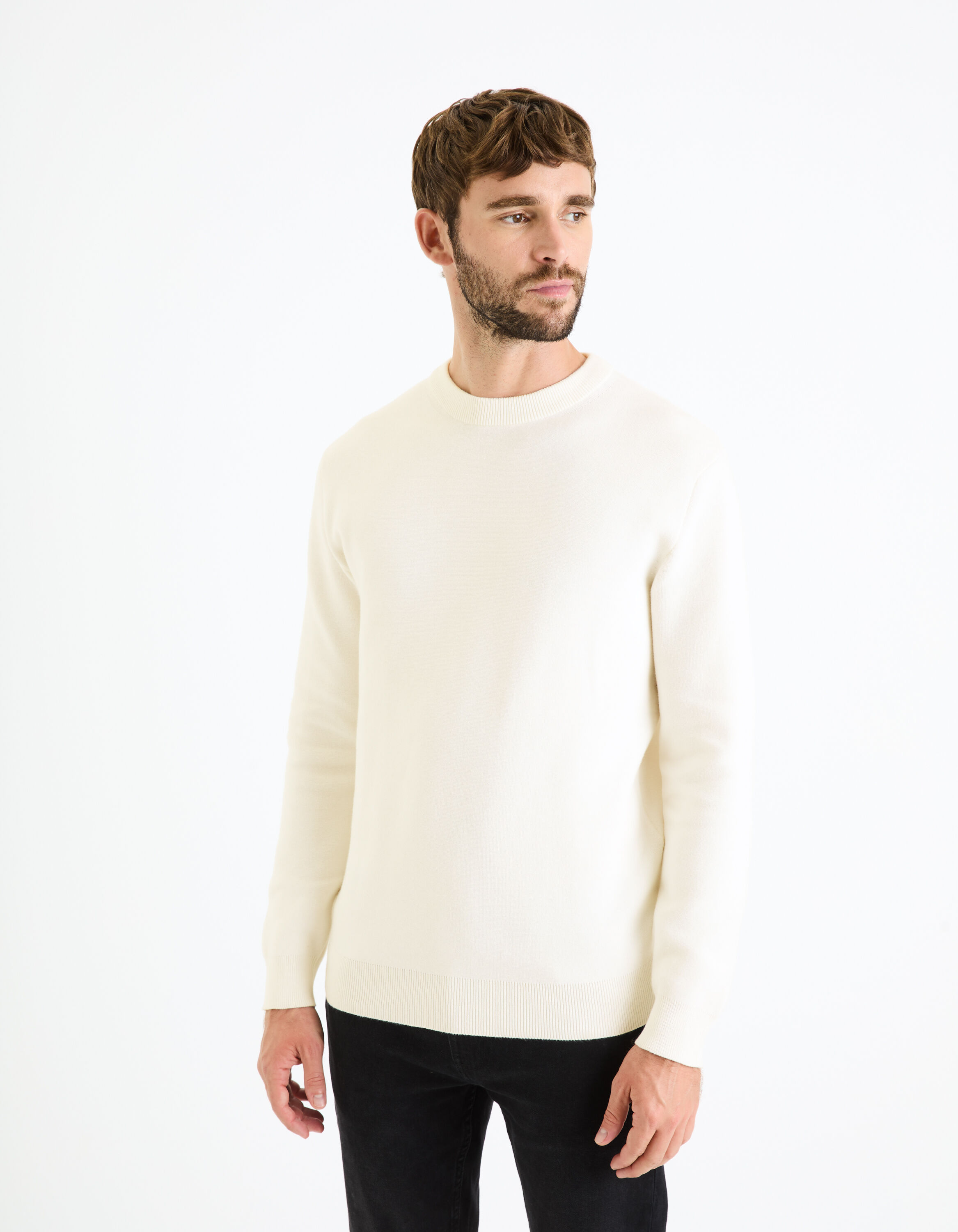 Pull col rond coton m&eacute;lang&eacute; - beige