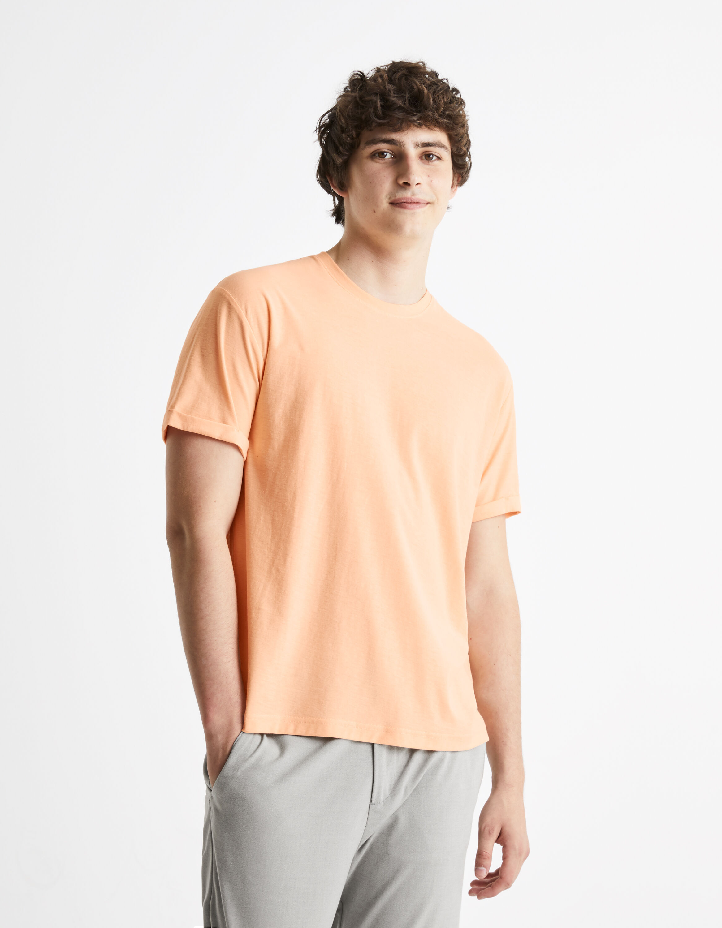 T-shirt col rond 100% coton - orange pastel