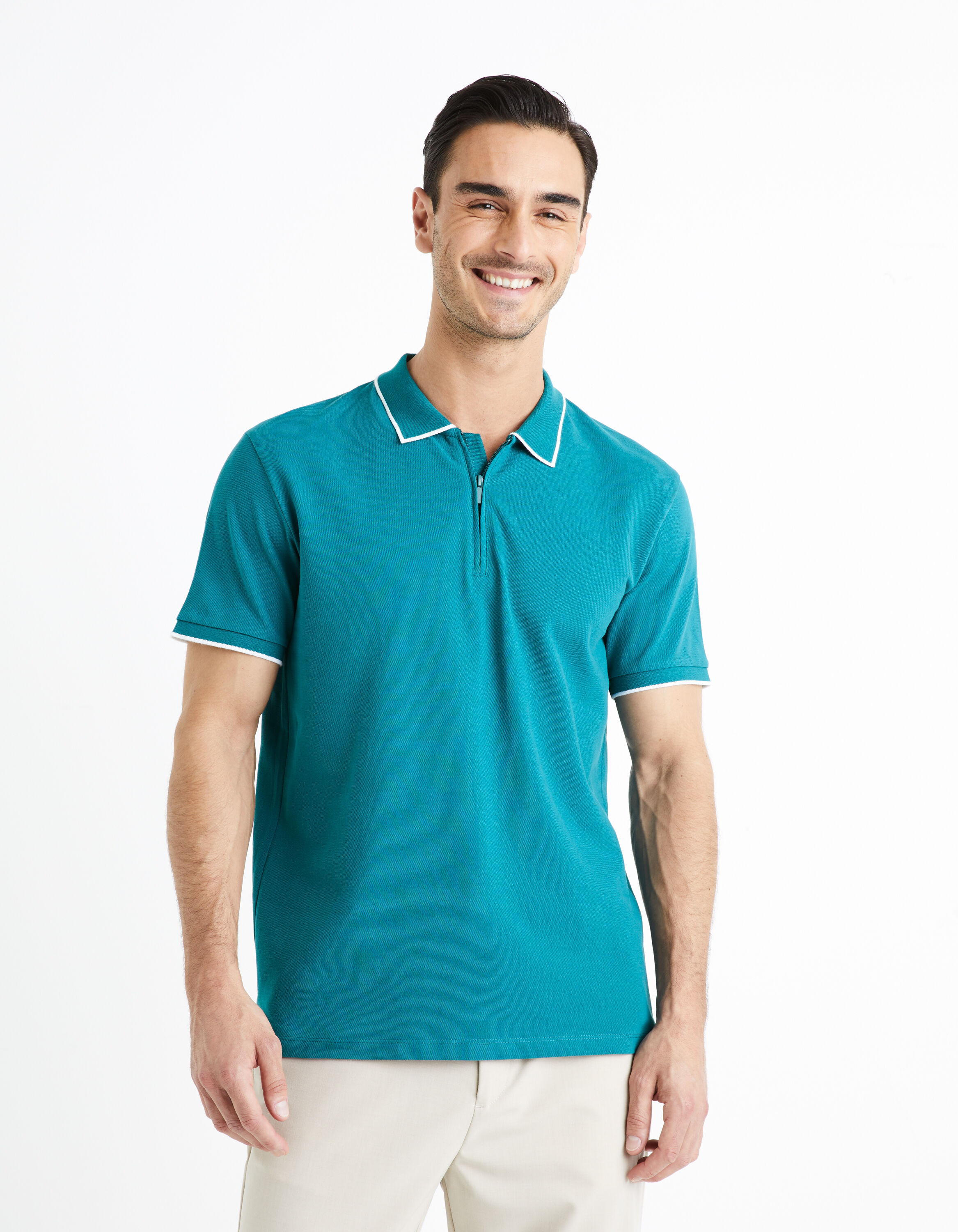 Polo 100% coton &agrave; col zipp&eacute; - vert fonc&eacute;