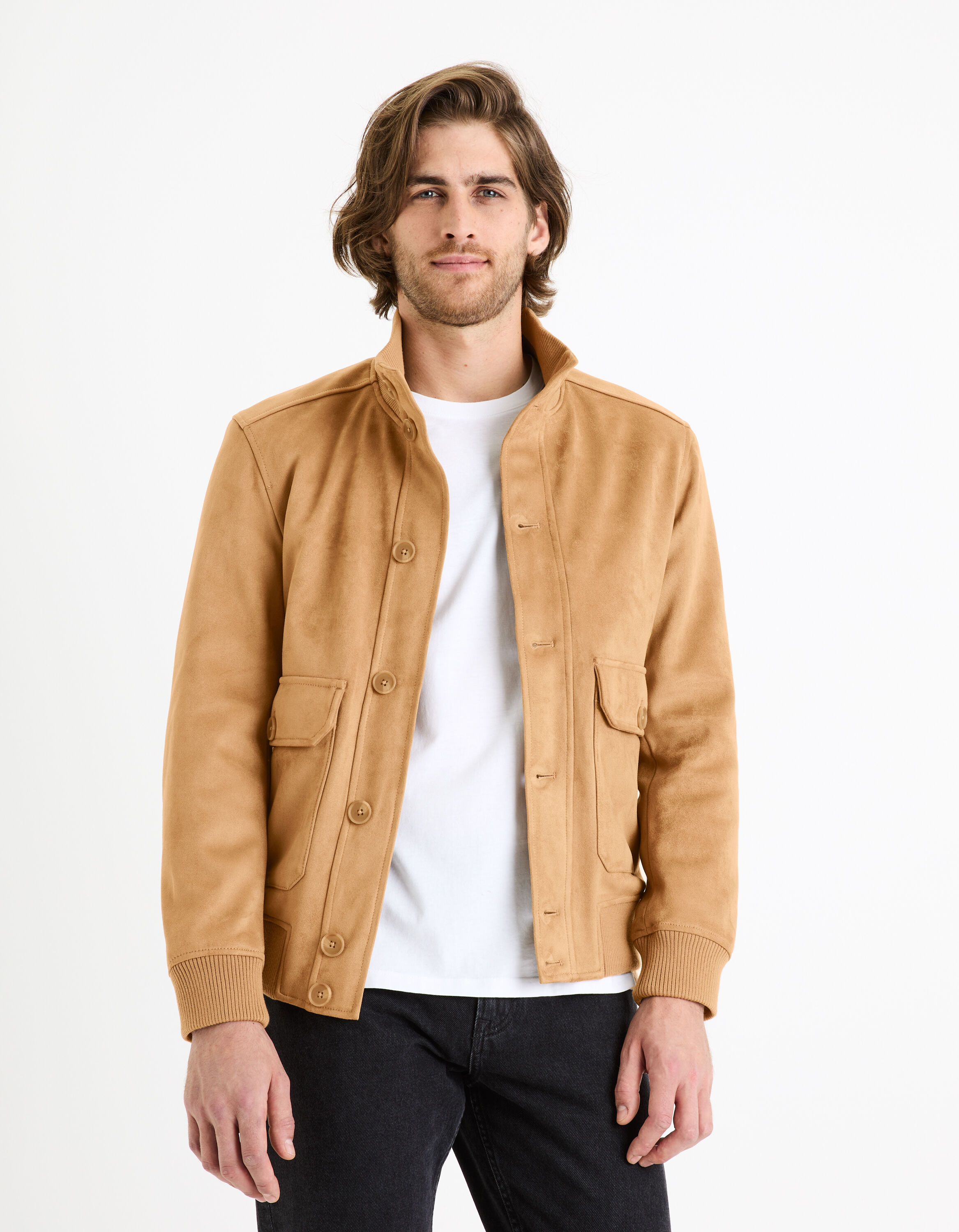 Blouson faux daim col montant - sand
