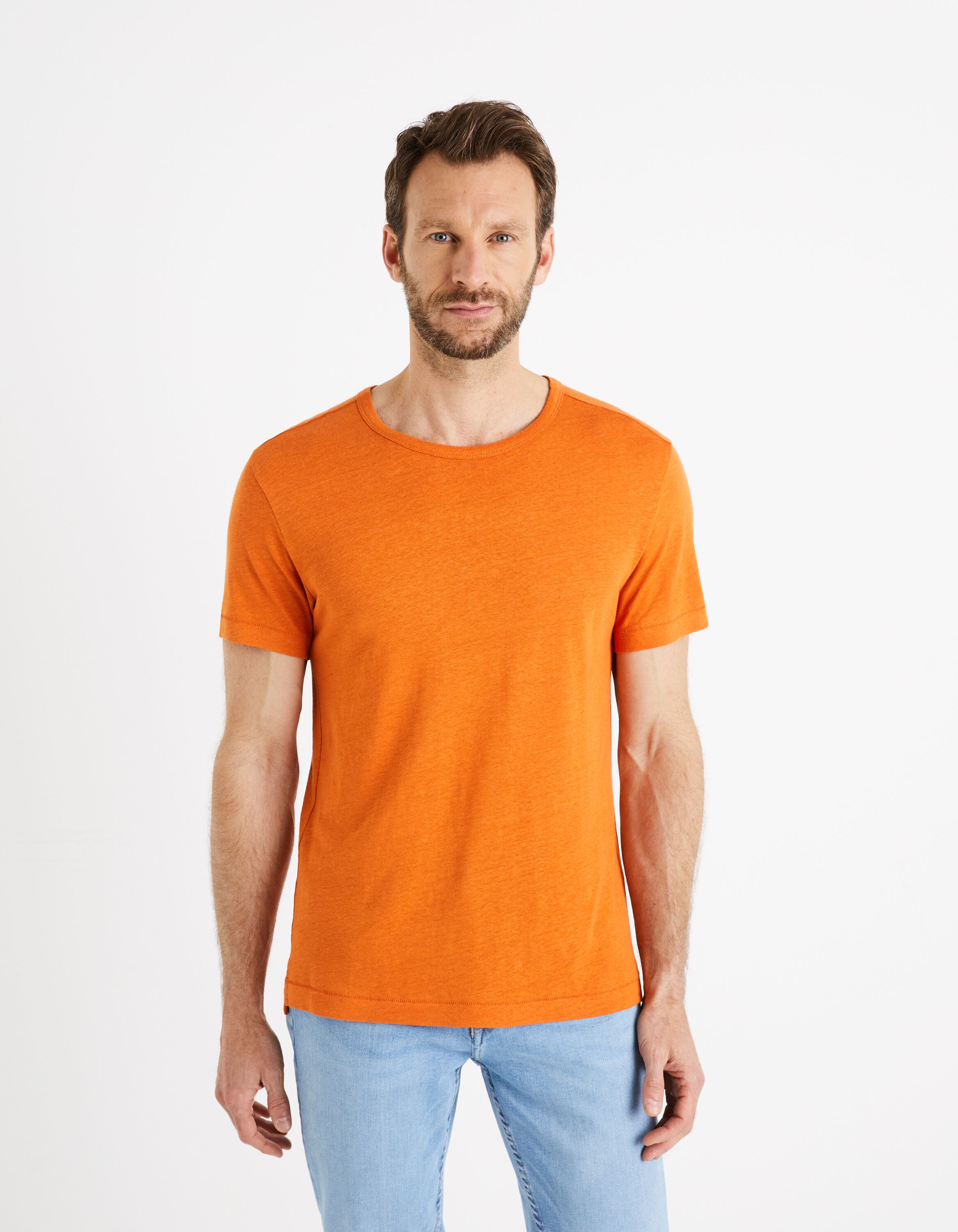 T-shirt col rond lin m&eacute;lang&eacute; -orange
