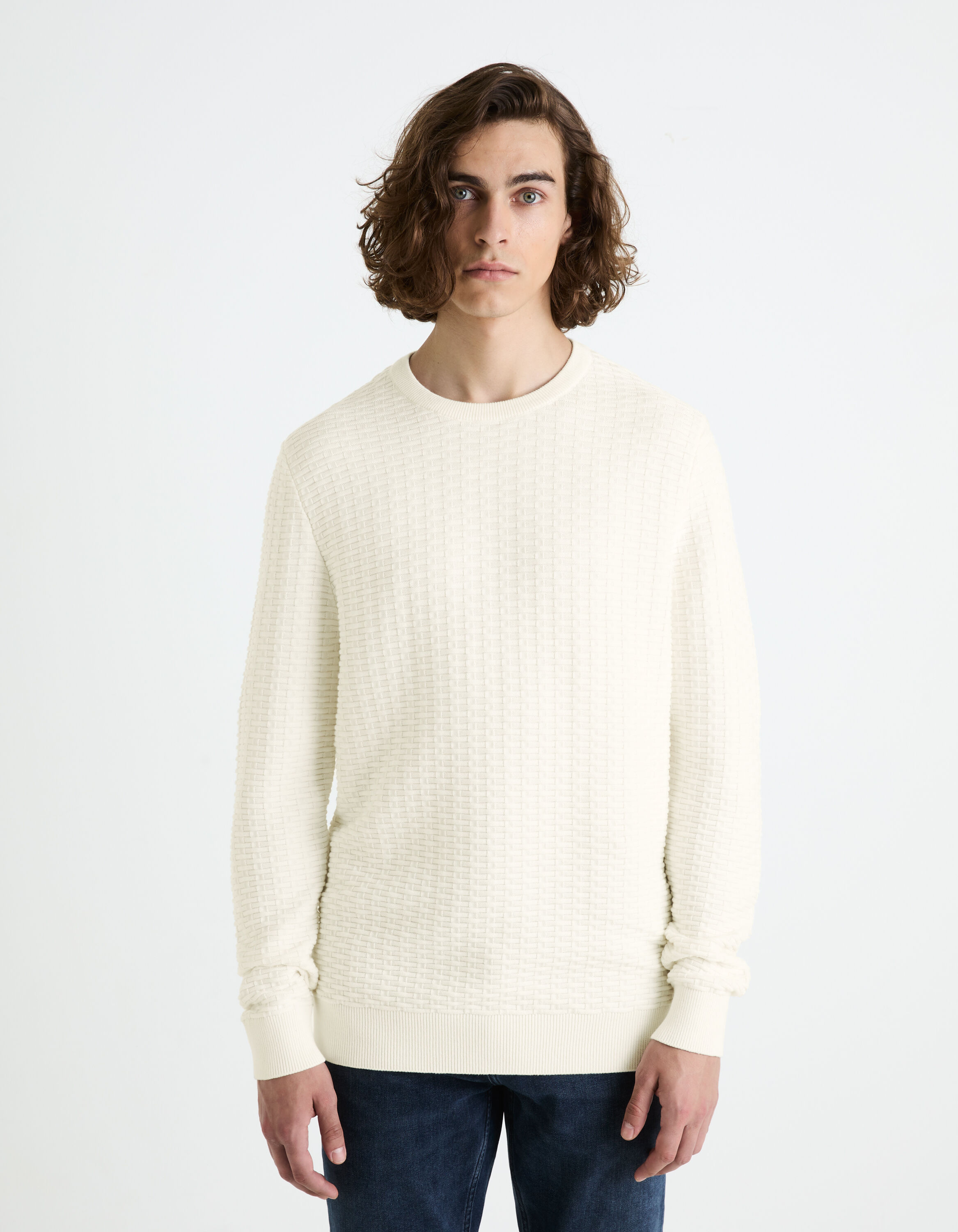 Pull col rond 100% coton - beige