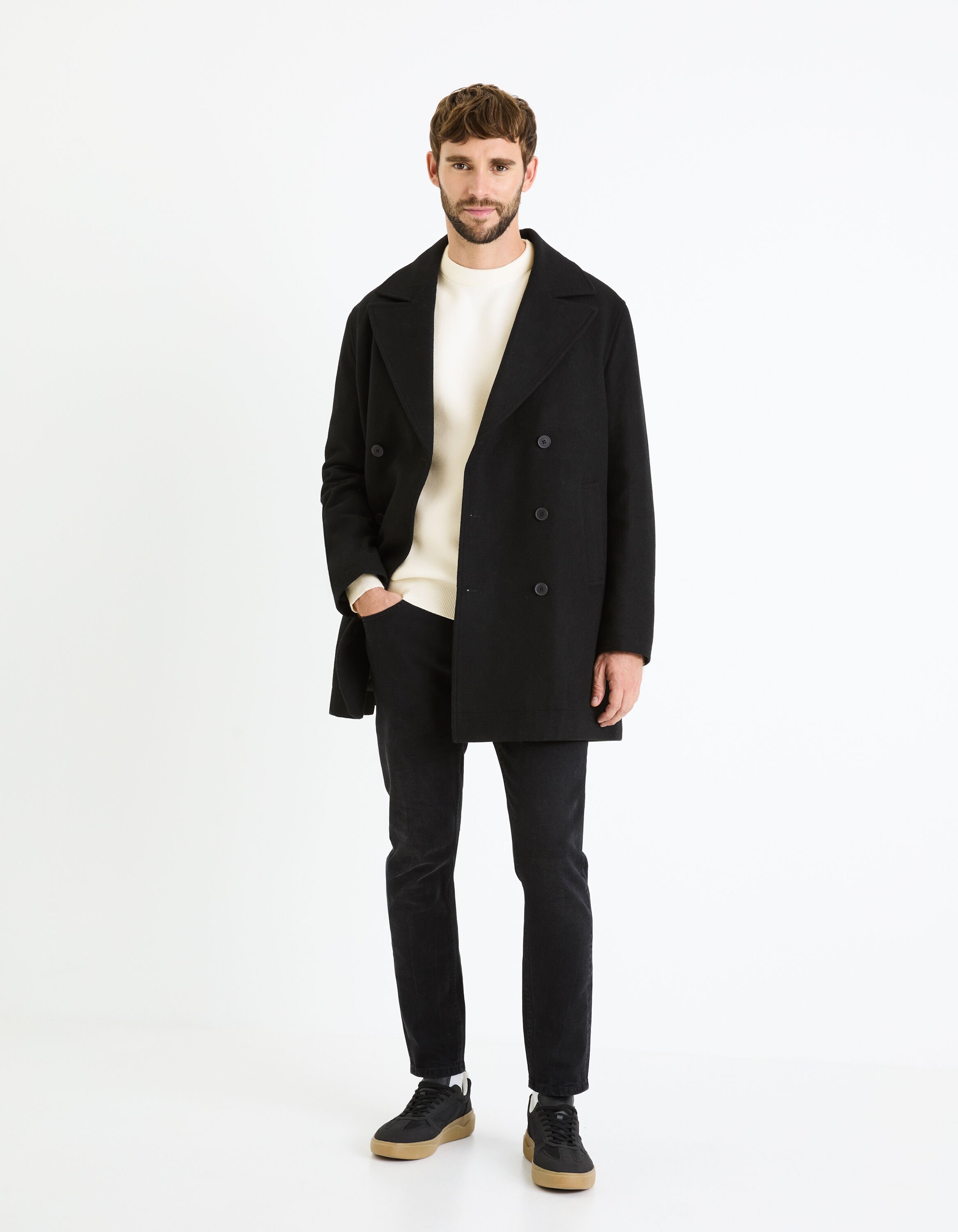 Manteau crois&eacute; laine m&eacute;lang&eacute; - noir