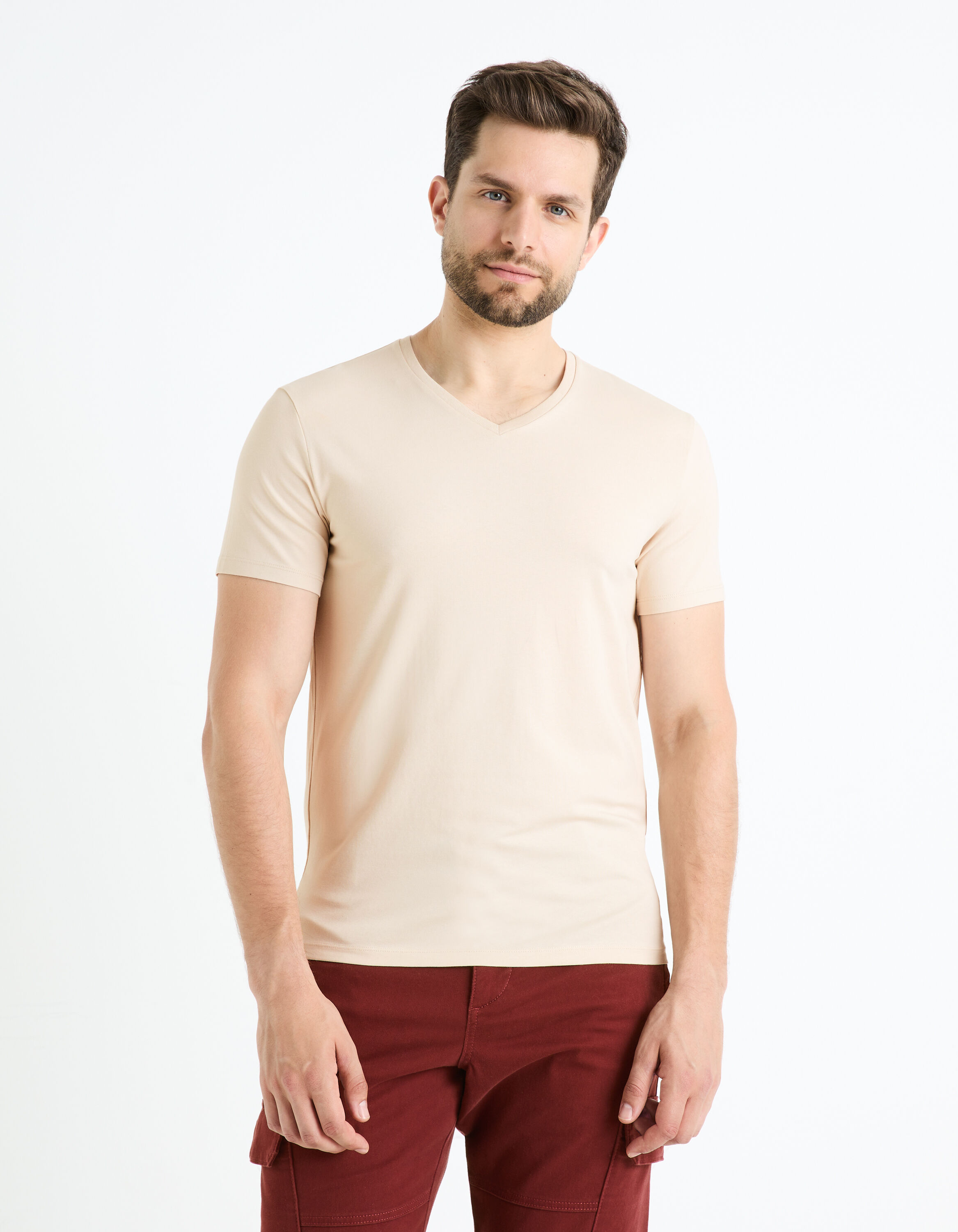 T-shirt col V coton stretch - beige