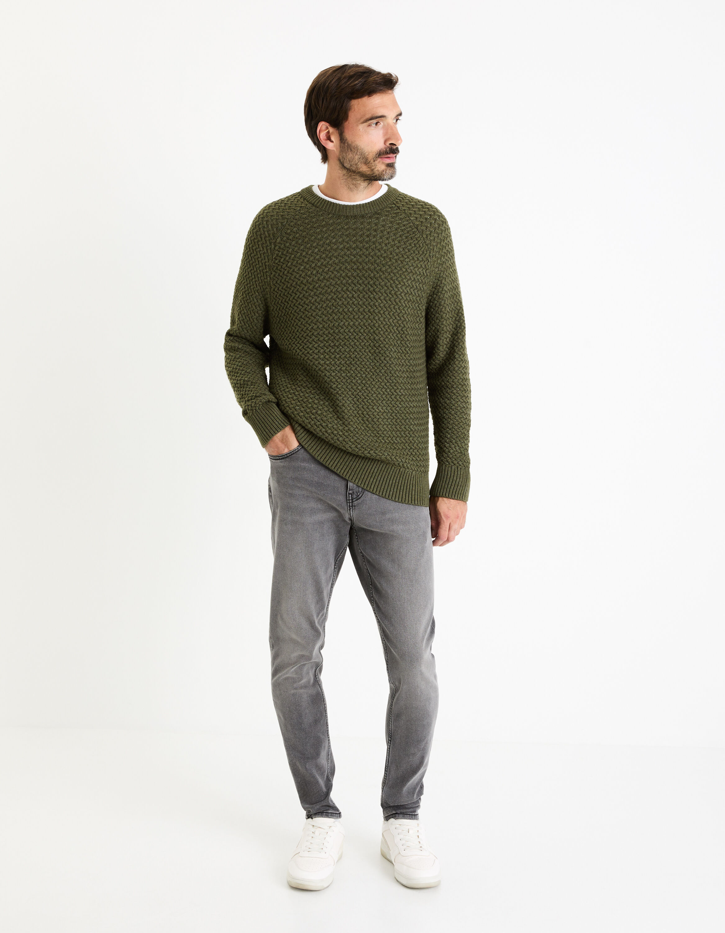 Pull col rond coton m&eacute;lang&eacute; - kaki