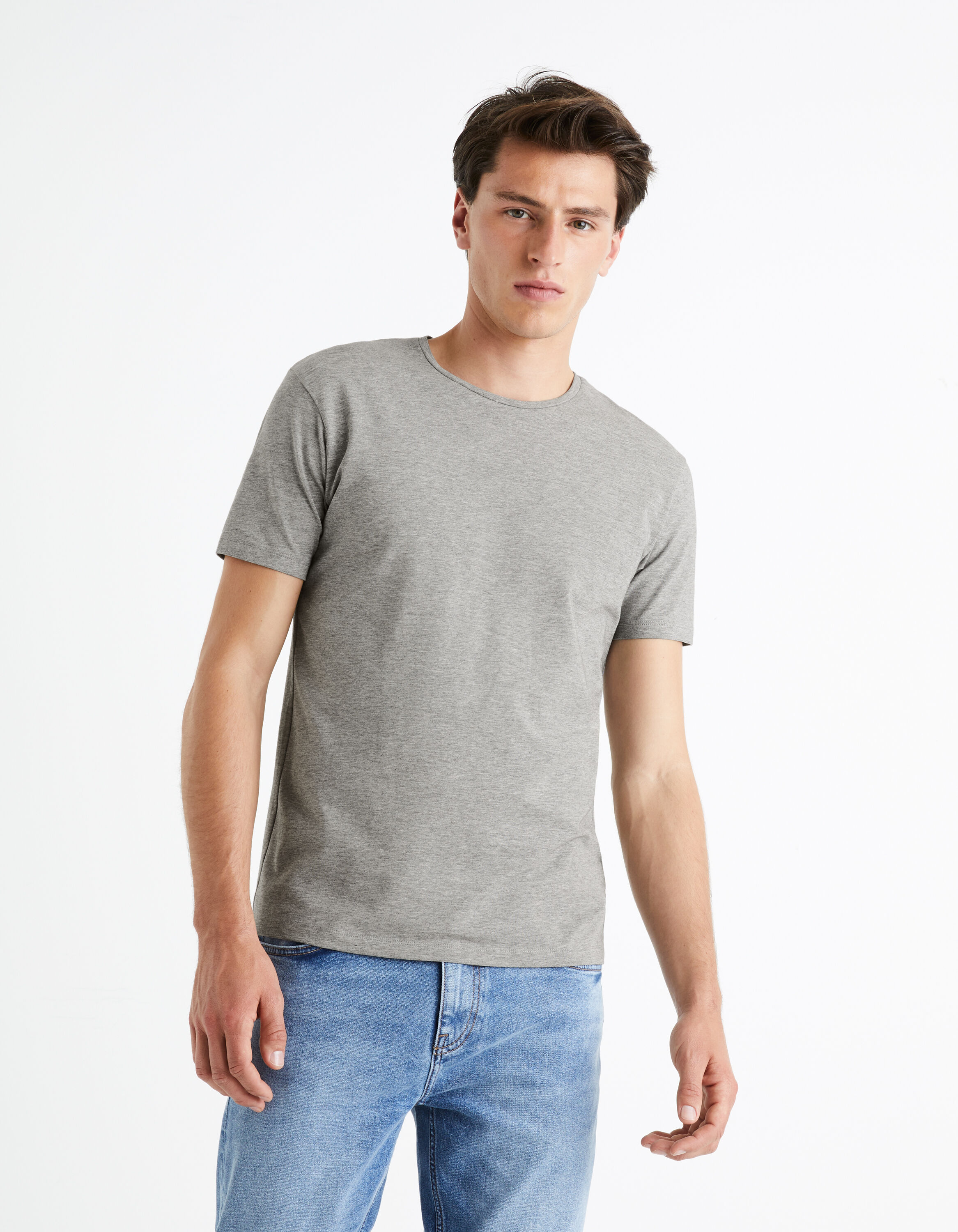 T-shirt col rond coton viscose stretch - gris chin&eacute;