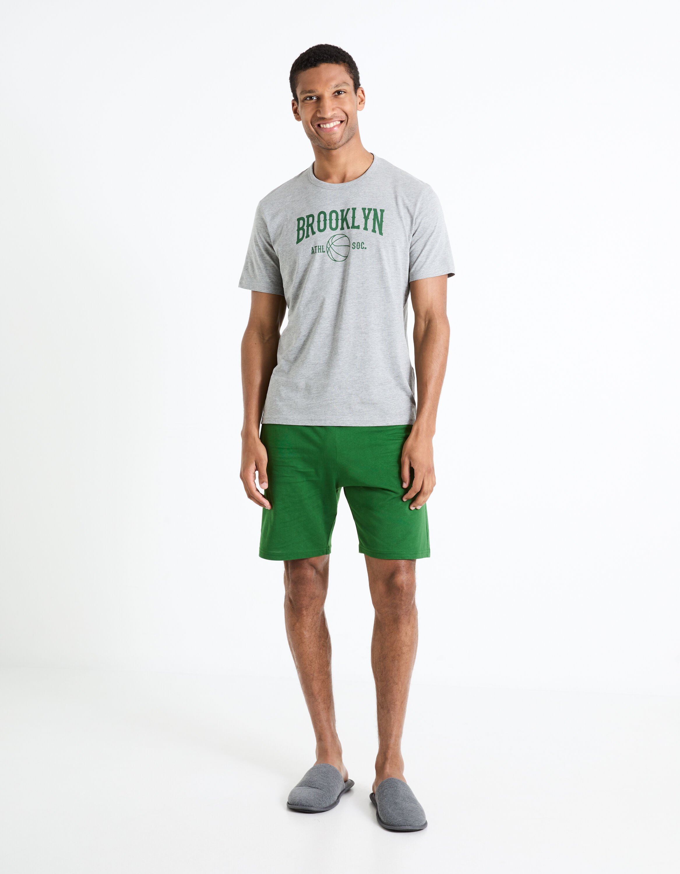 Pyjama coton m&eacute;lang&eacute; - gris et vert