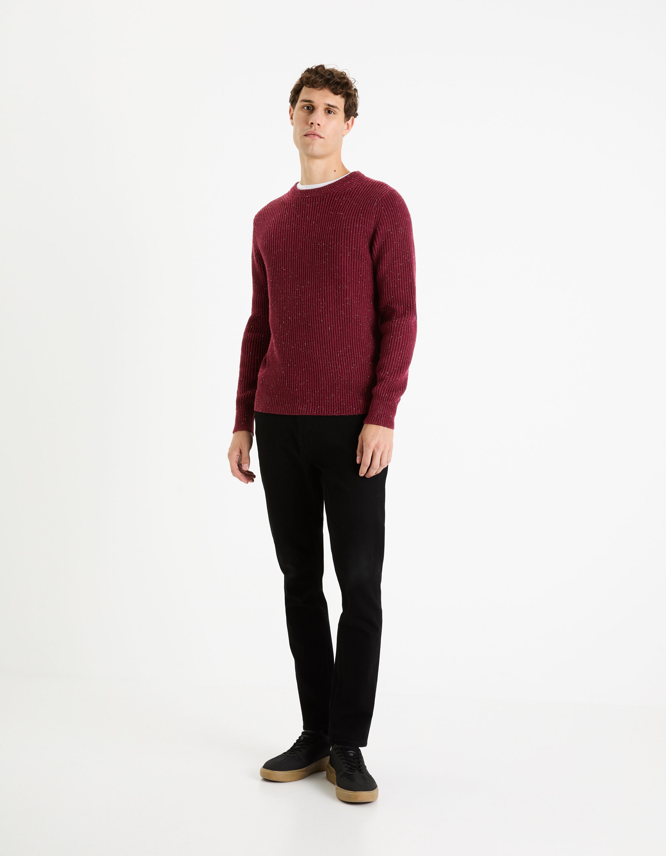 Pull col rond coton m&eacute;lang&eacute; - bordeaux