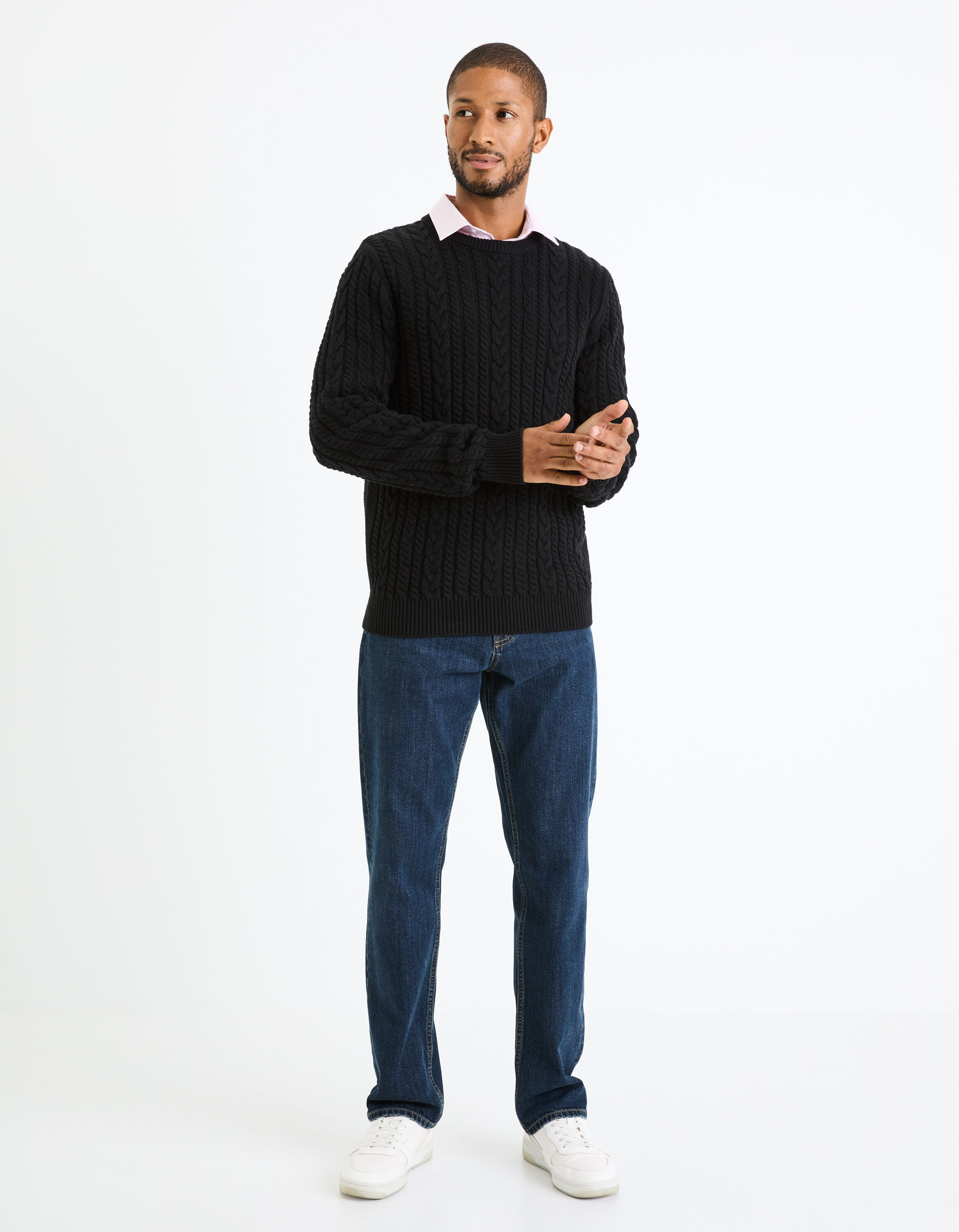 Pull col rond coton m&eacute;lang&eacute; - noir