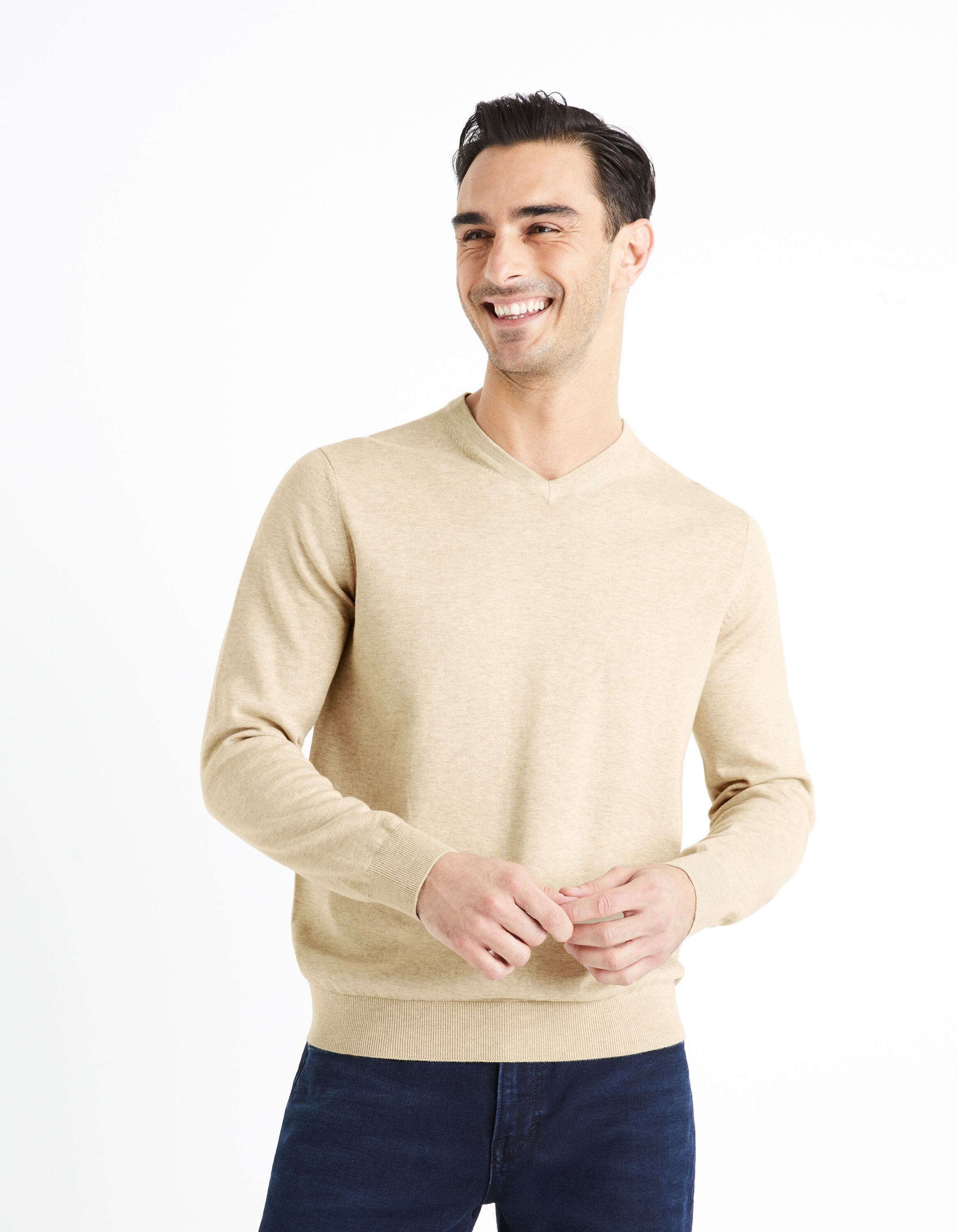 Pull col V 100% coton - beige