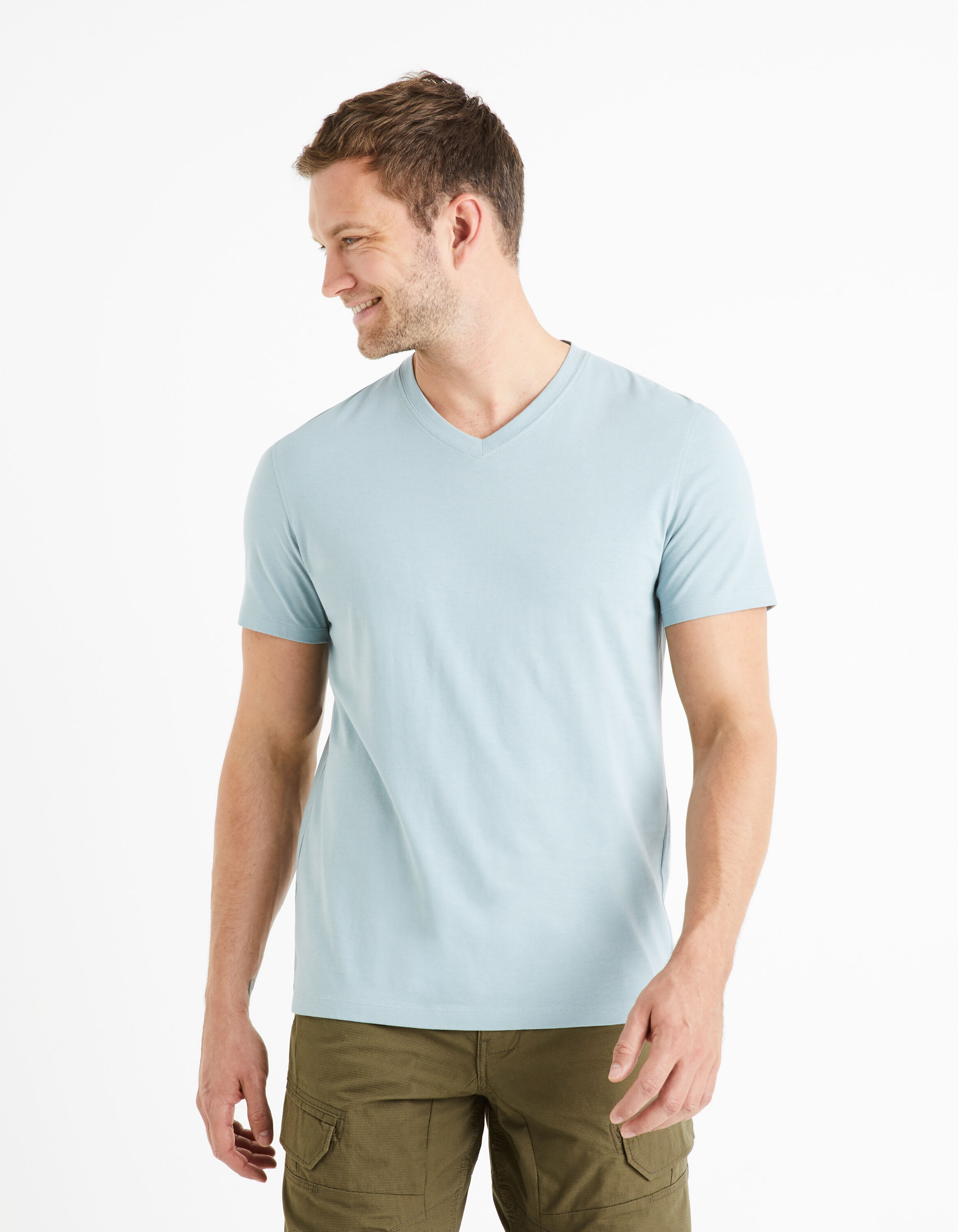 T-shirt col V 100% coton -bleu