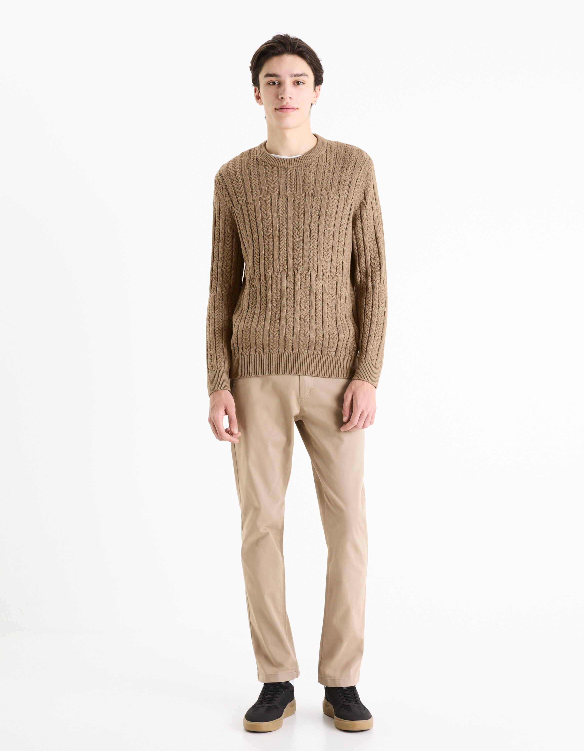 Pull col rond &agrave; torsade coton m&eacute;lang&eacute; - taupe