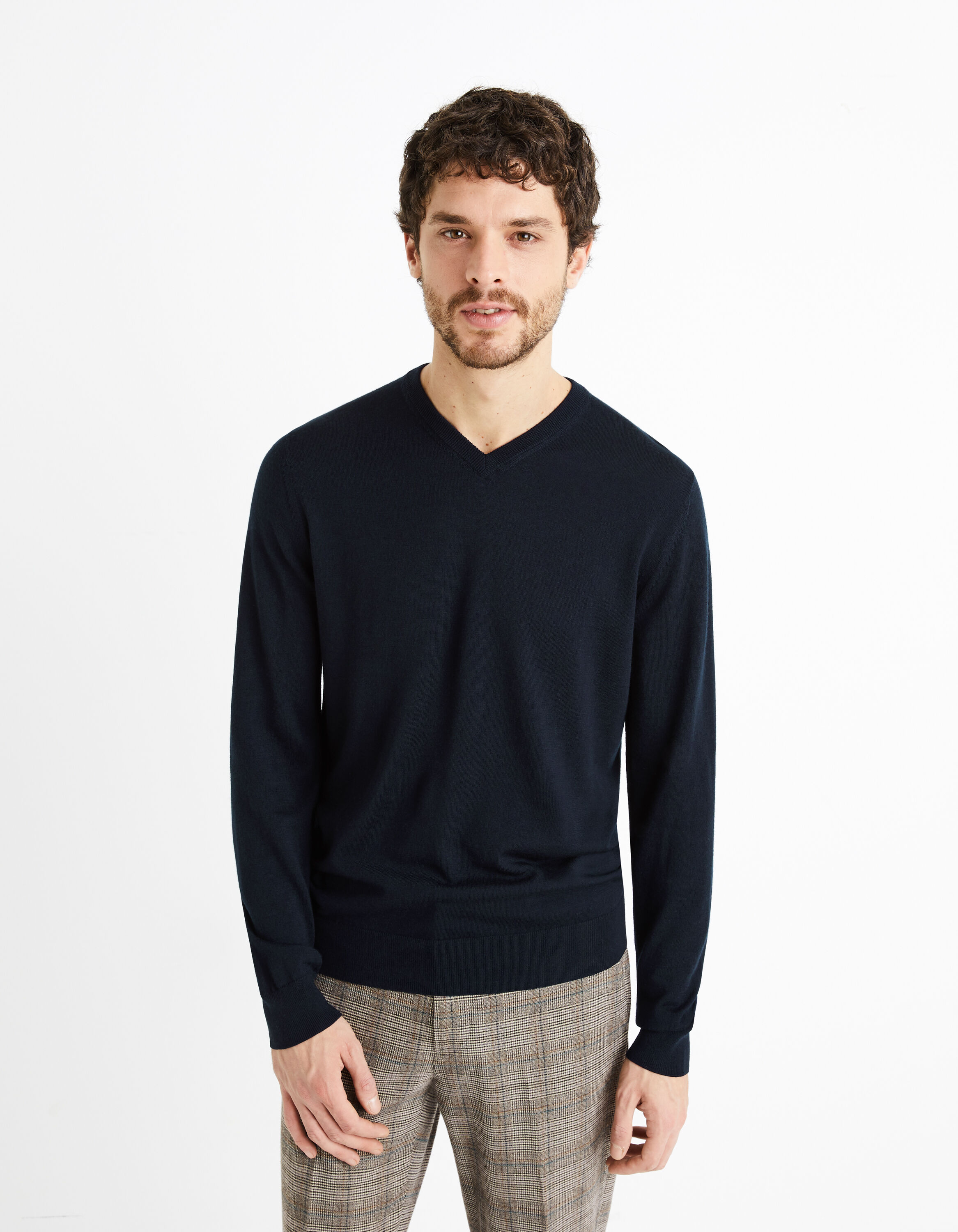 Pull col V 100% laine m&eacute;rinos - marine