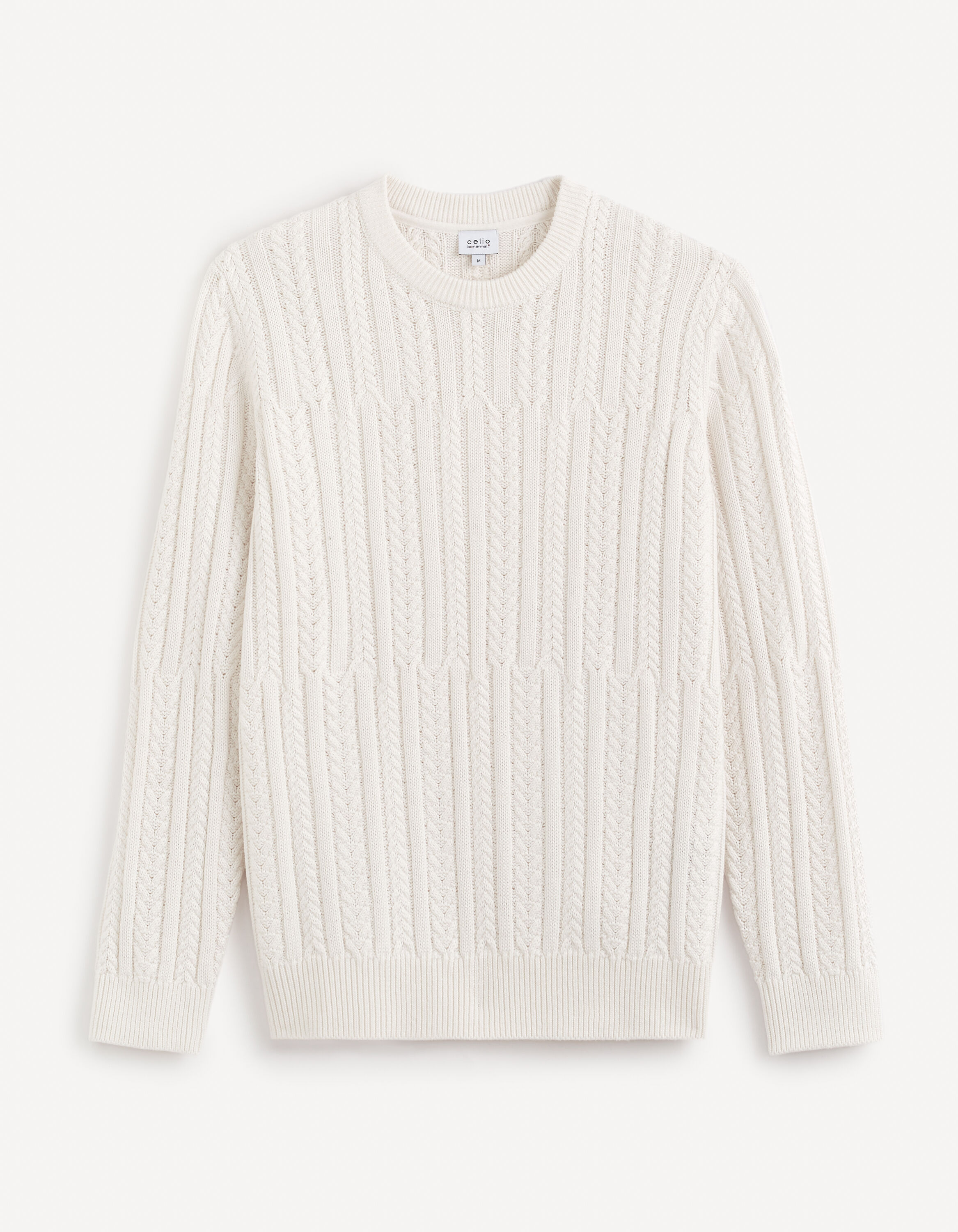 Pull col rond &agrave; torsade coton m&eacute;lang&eacute; - beige