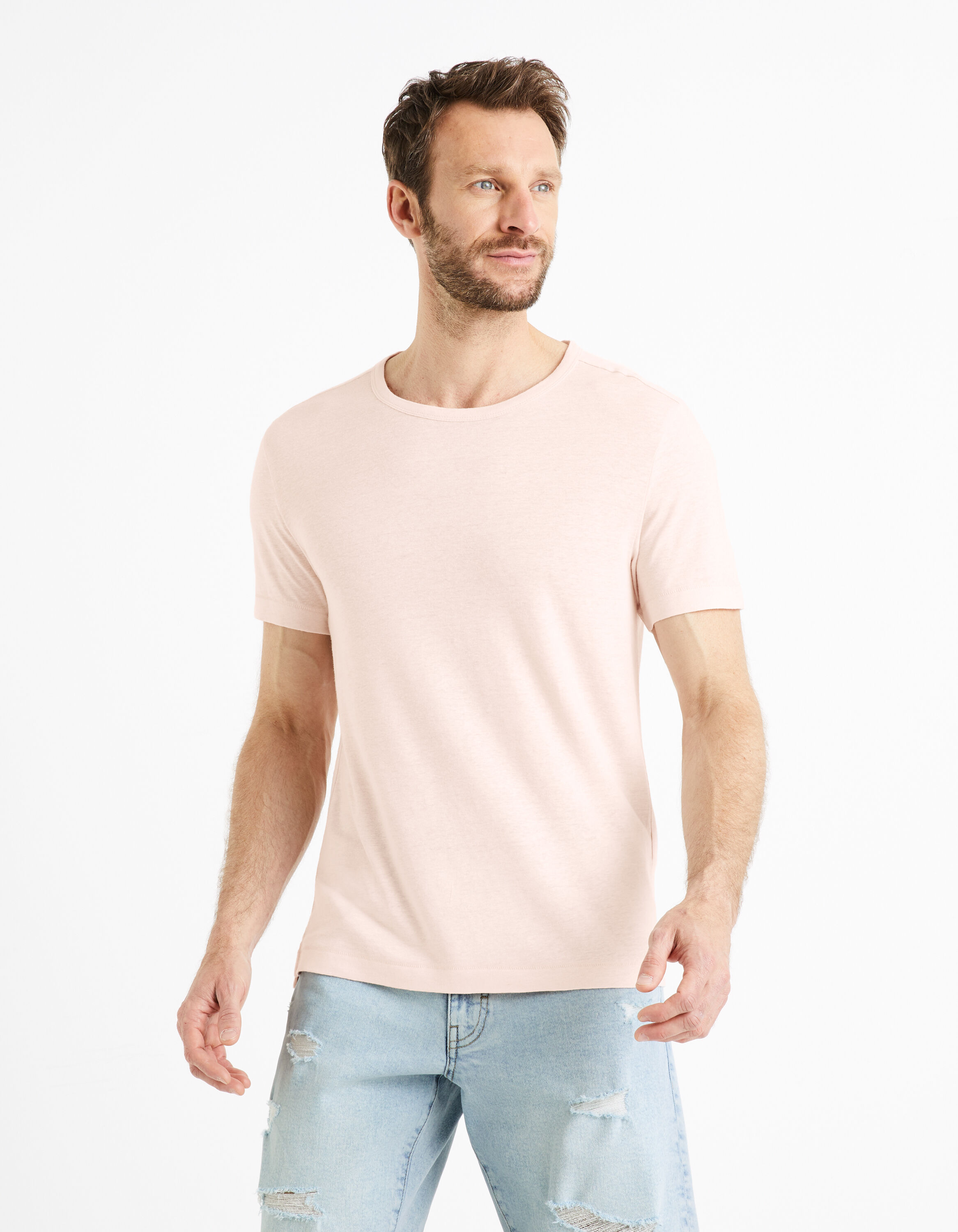 T-shirt col rond lin m&eacute;lang&eacute; -rose