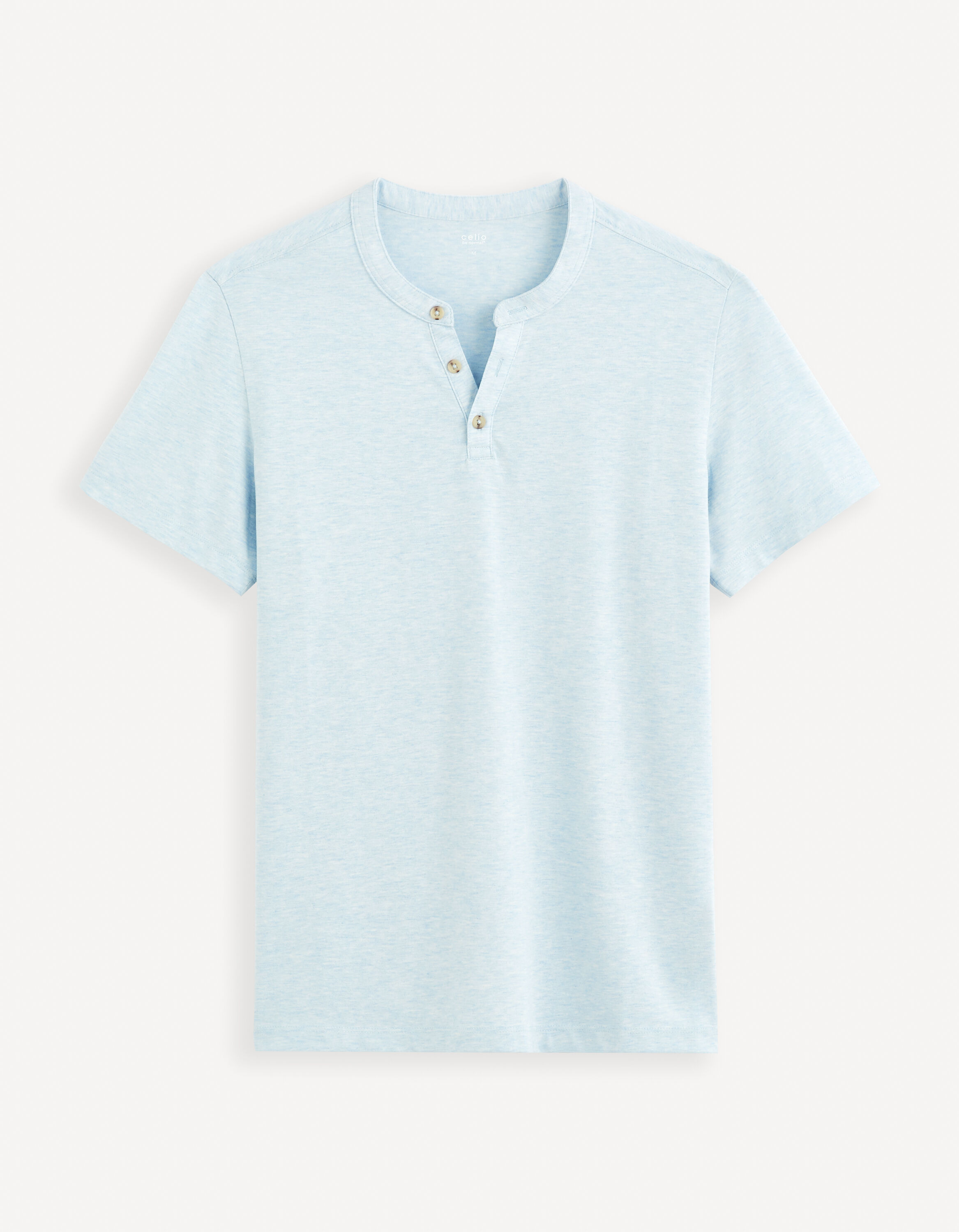 T-shirt col henley coton m&eacute;lang&eacute; -bleu