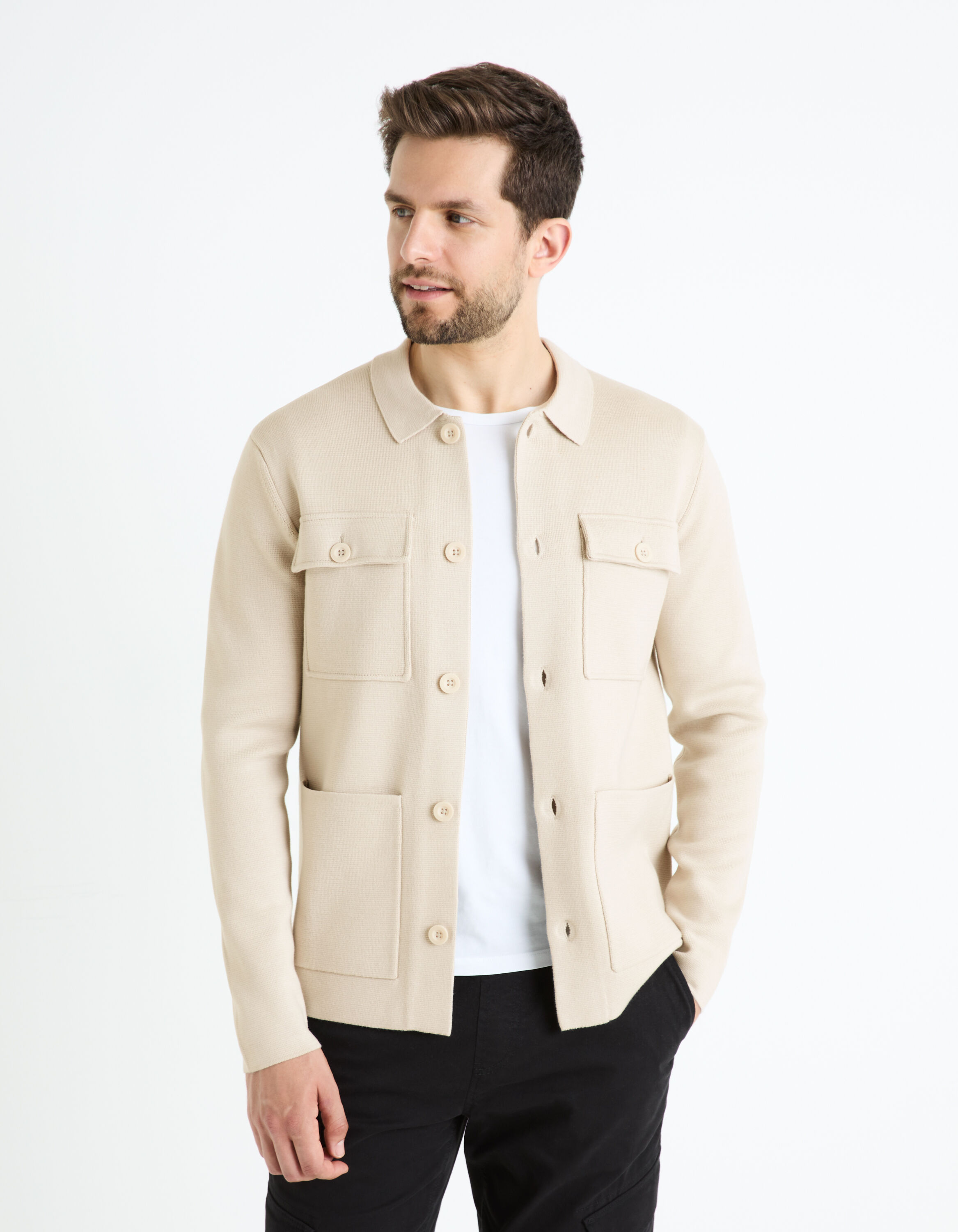 Veste boutonn&eacute;e coton m&eacute;lang&eacute; - beige