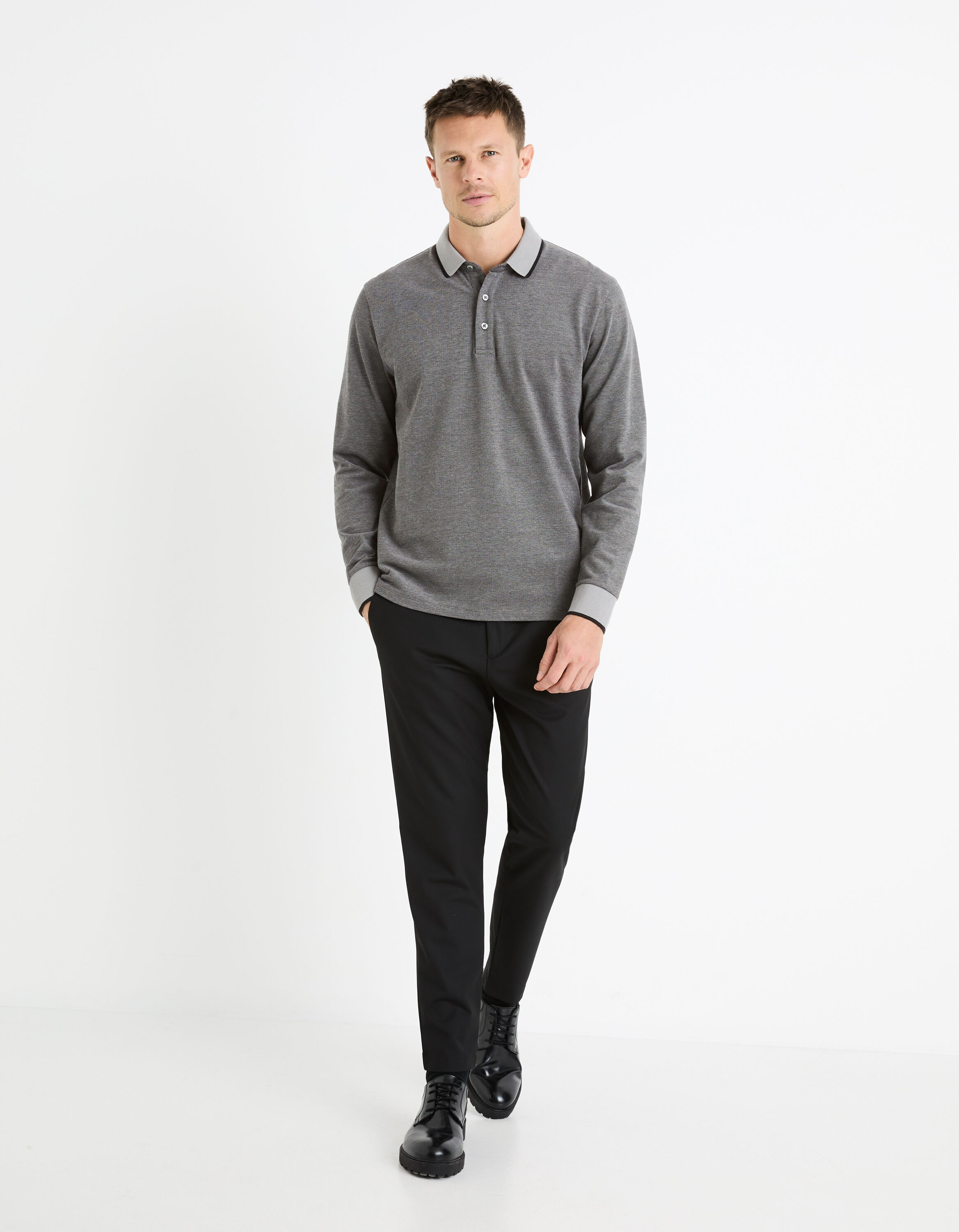 Polo manches longues 100% coton - gris