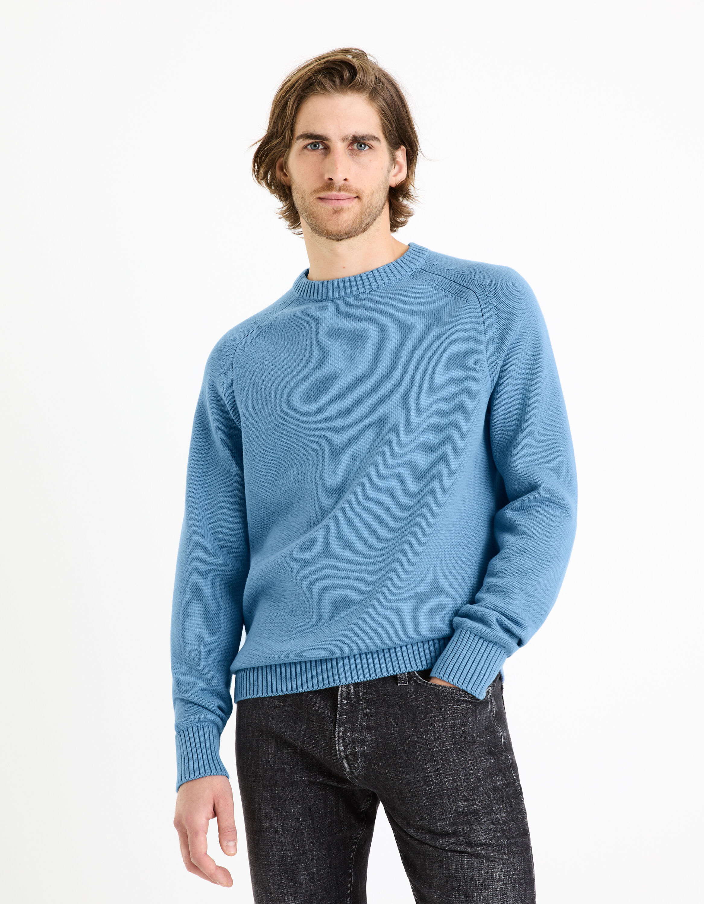 Pull col rond 100% coton - bleu
