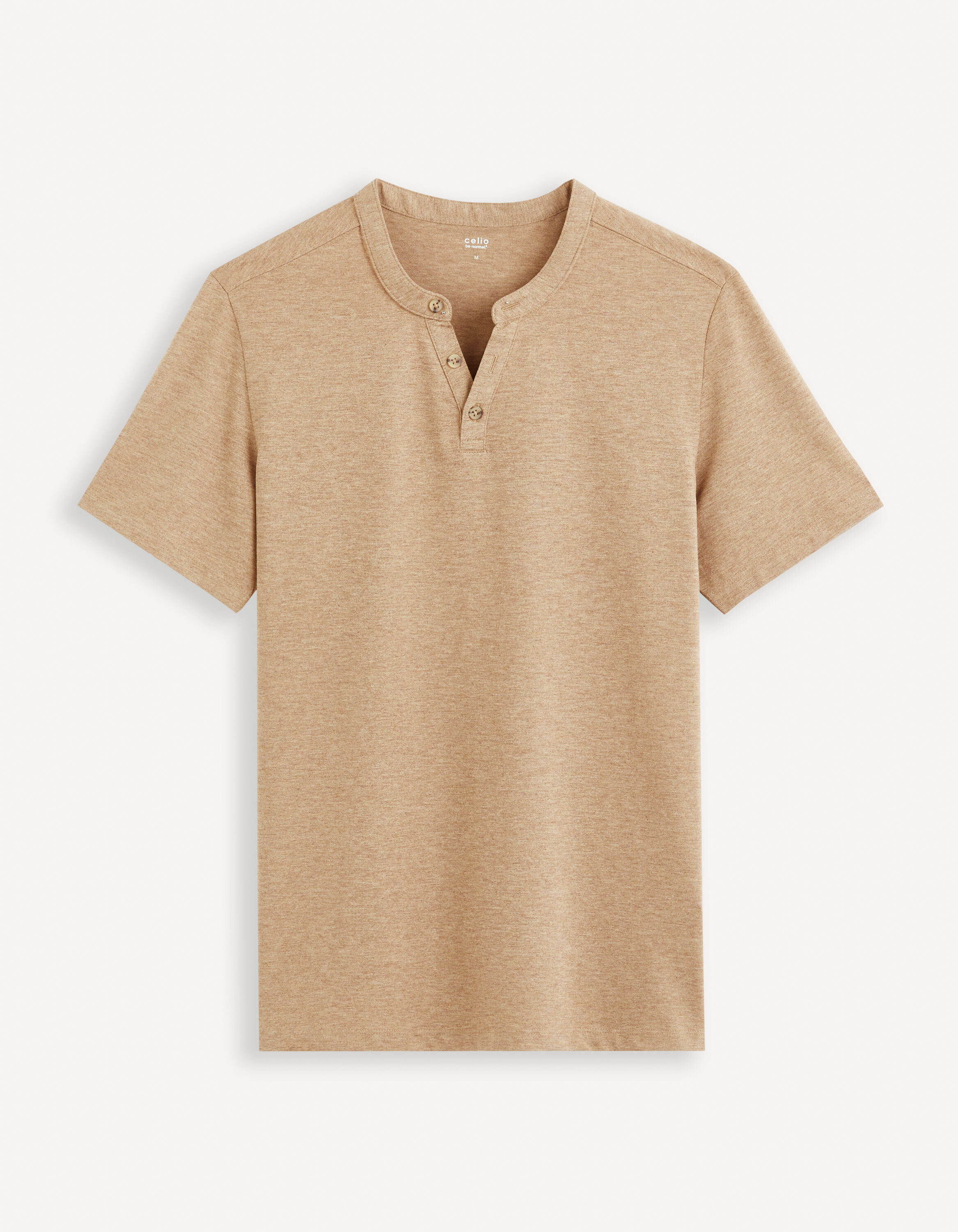T-shirt col henley coton m&eacute;lang&eacute; -taupe